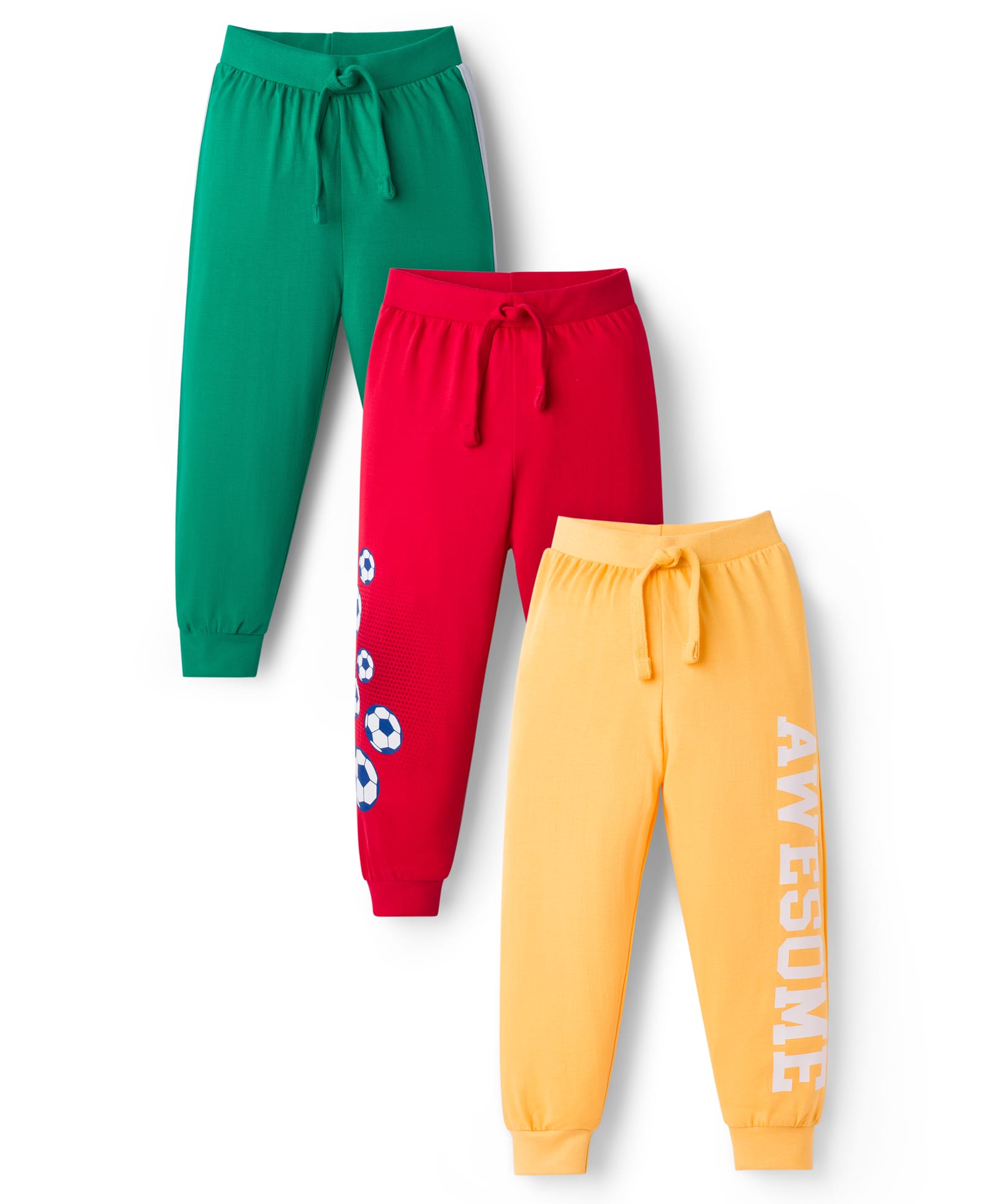 Babyhug Cotton Knit Full Length Lounge Pants With Text Print Pack Of 3 - Green Red & Yellow-picture-39