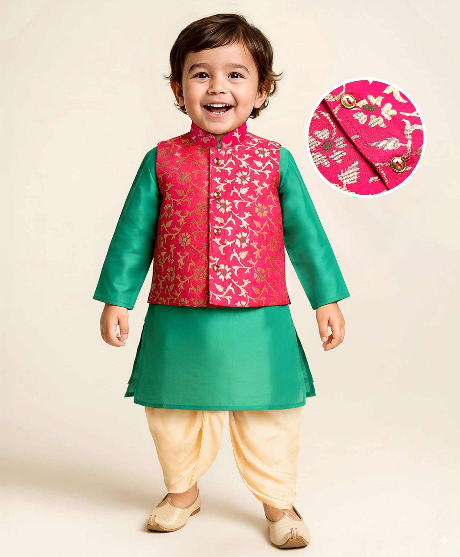 Earthy Touch Woven Full Sleeves Kurta & Dhoti Set With Floral Foil Printed Jacket - Teal Blue & Dark Pink-image-49