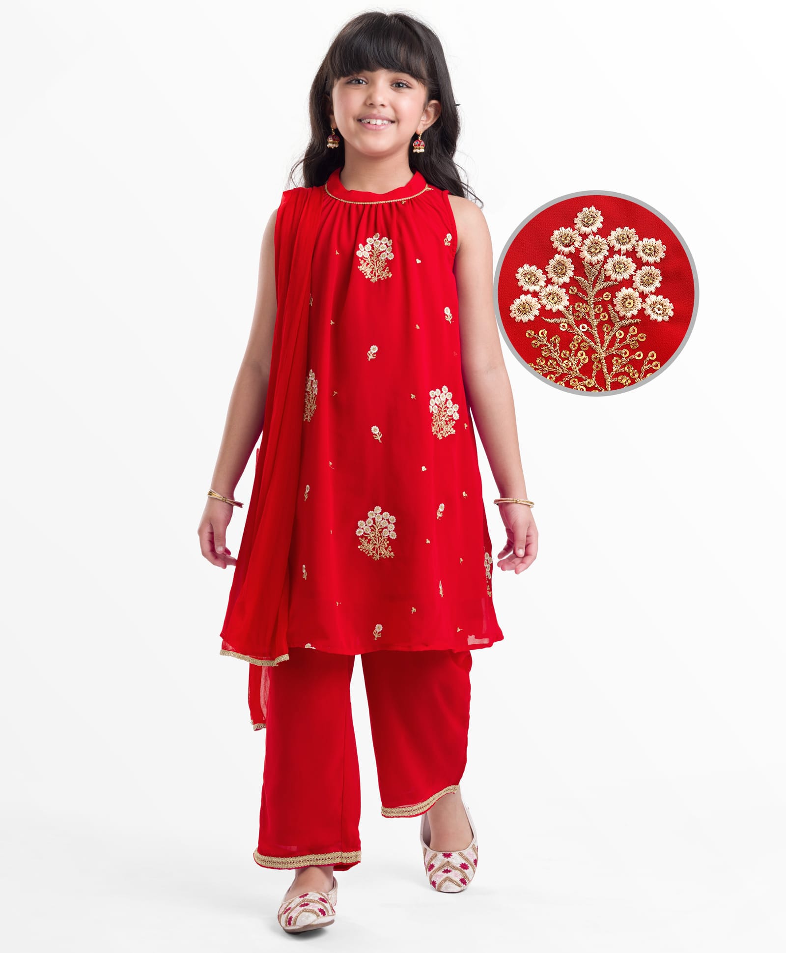 EARTHY TOUCH Woven Sleeveless Halter Neck Kurti Churidar Set with Dupatta Floral Embroidery & Sequin Detailing - Red-image-47