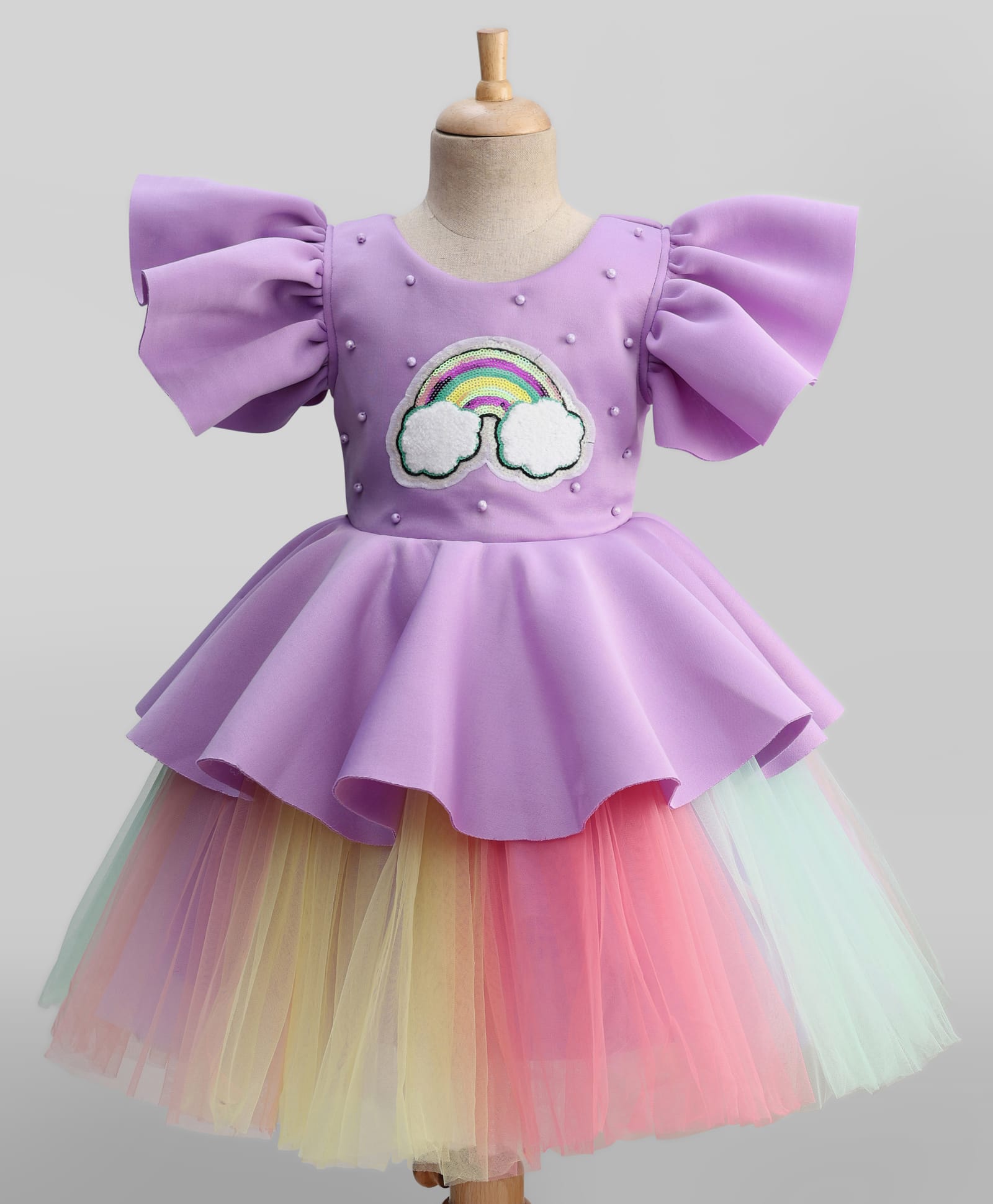 Enfance Half Flutter Sleeves Rainbow Shaped Sequins Embellished Knee Length Layered Dress - Purple-picture-5