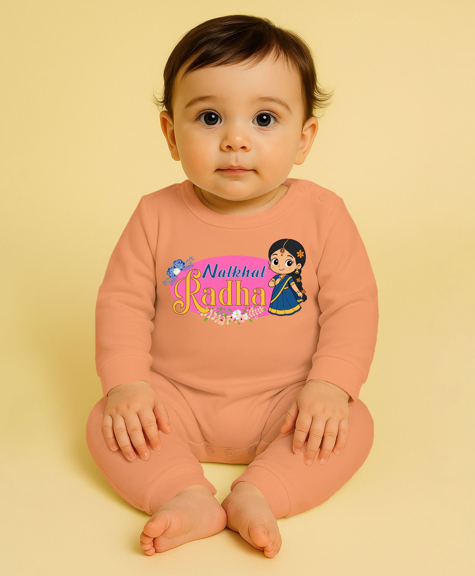 The Peppy Tend 100% Cotton Knit Janmasthami Theme Full Sleeves Natkhat Radha Text Printed Romper - Peach-image-49