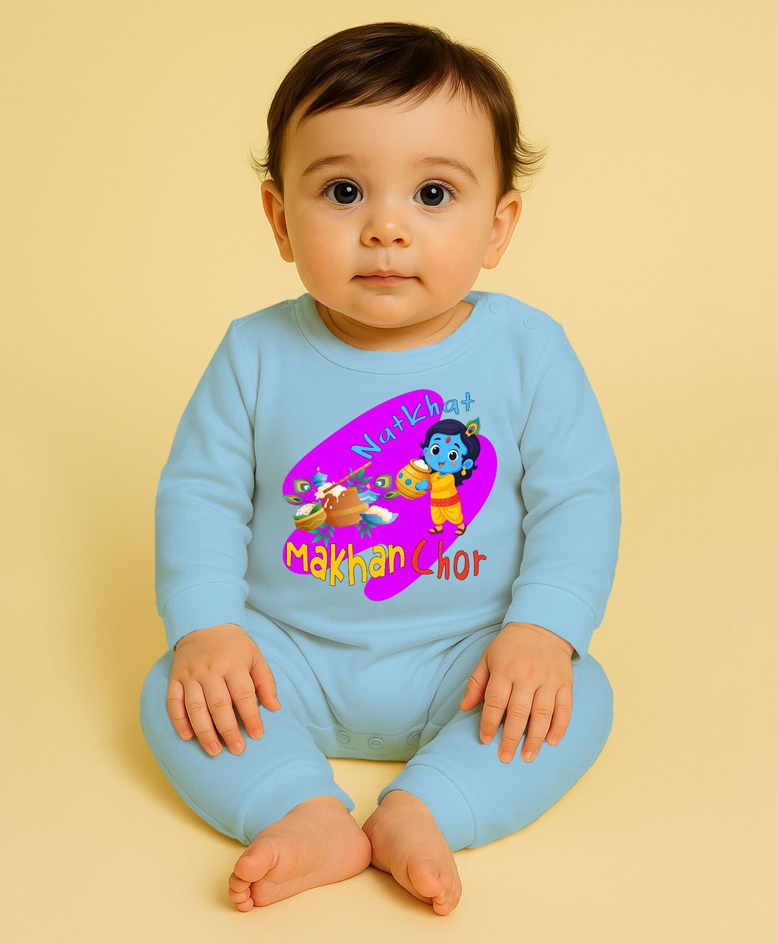 The Peppy Tend 100% Cotton Knit Janmasthami Theme Full Sleeves Natkhat Makhan Chor Text Printed Romper - Blue-image-34