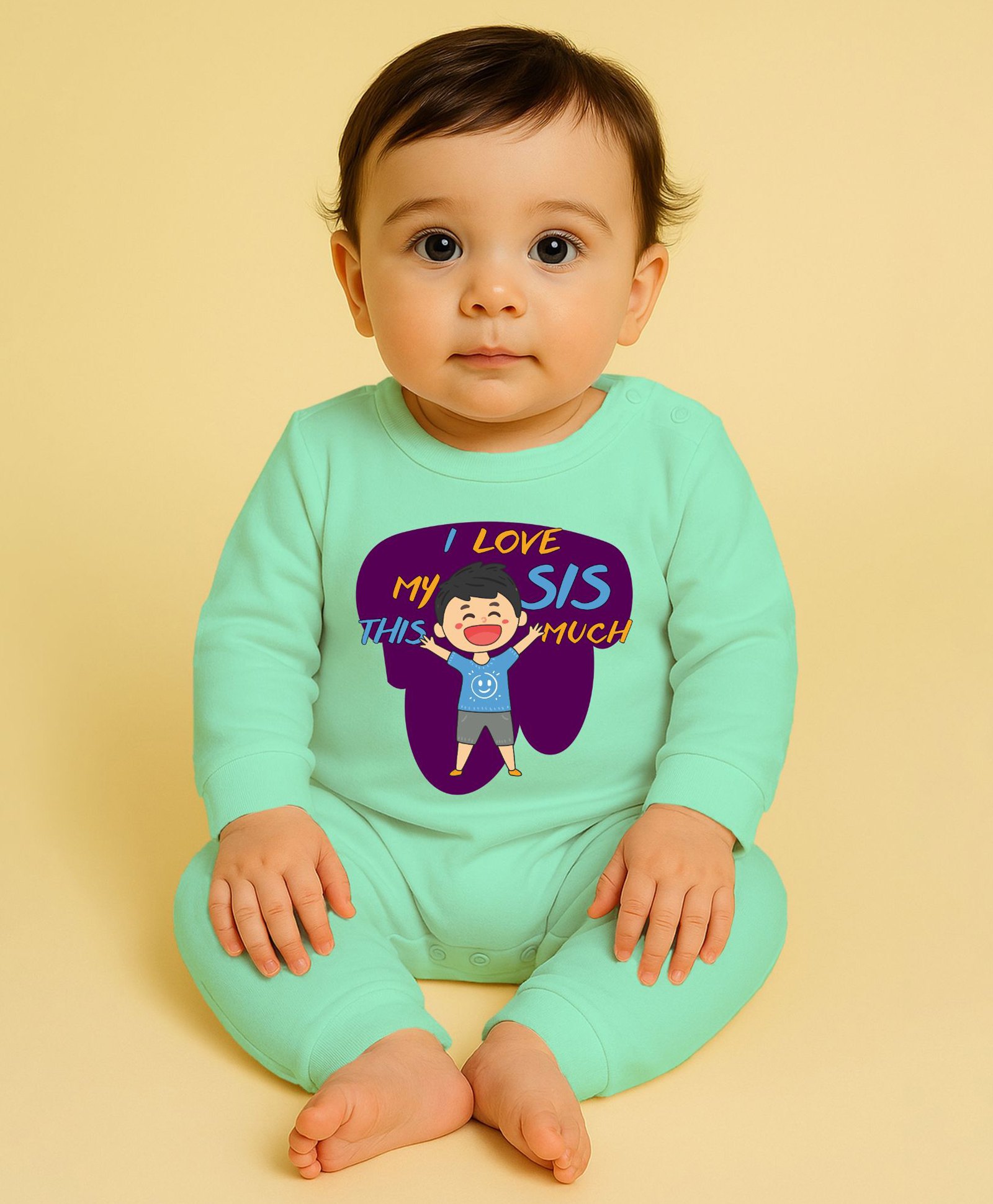 The Peppy Tend 100% Cotton Knit Rakshabandhan Theme Full Sleeves 1 Love My Sis This Much Text Printed Romper - Sea Green-image-24