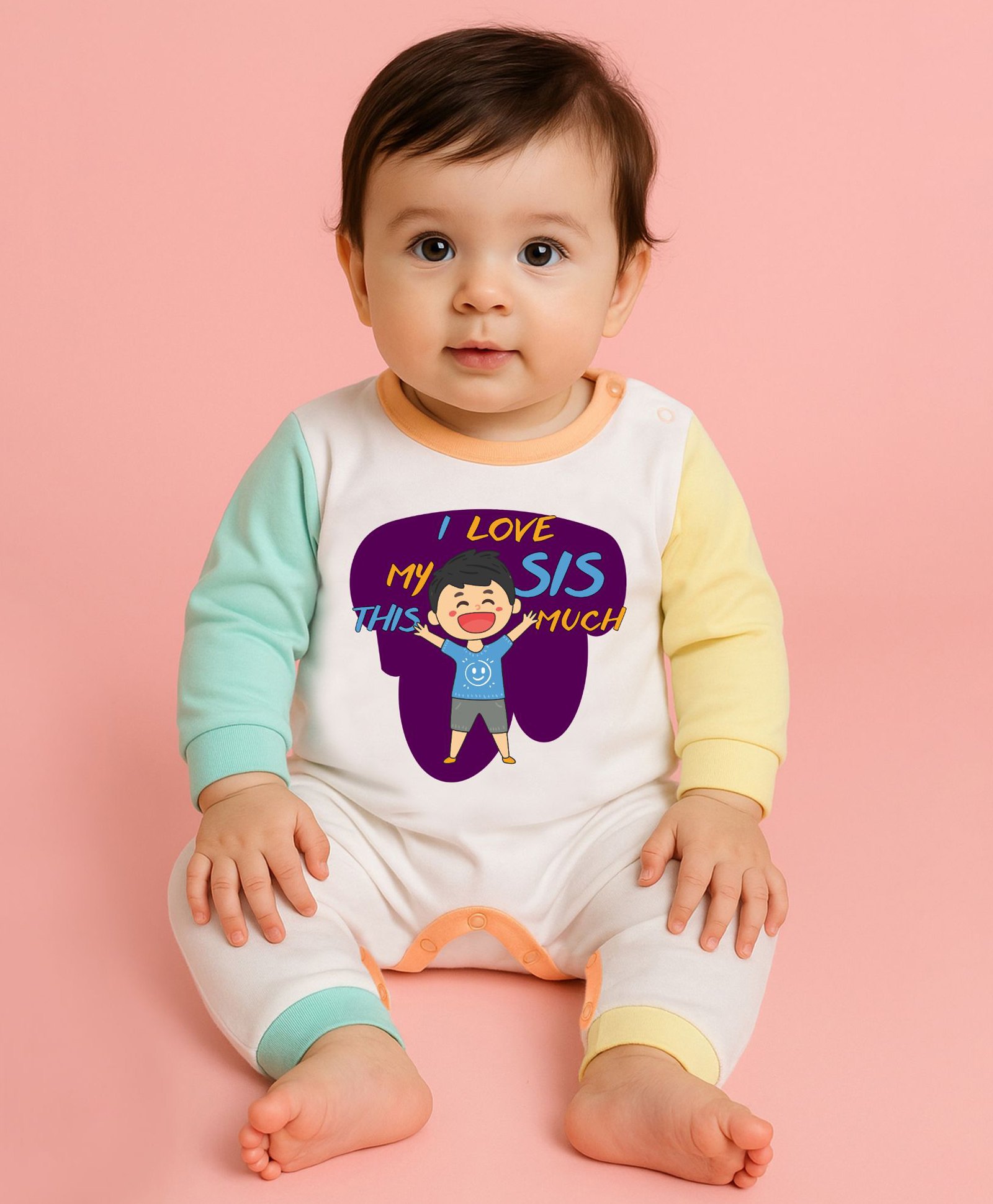 The Peppy Tend 100% Cotton Knit Rakshabandhan Theme Full Sleeves 1 Love My Sis This Much Text Printed Romper - Multi Colour-image-7