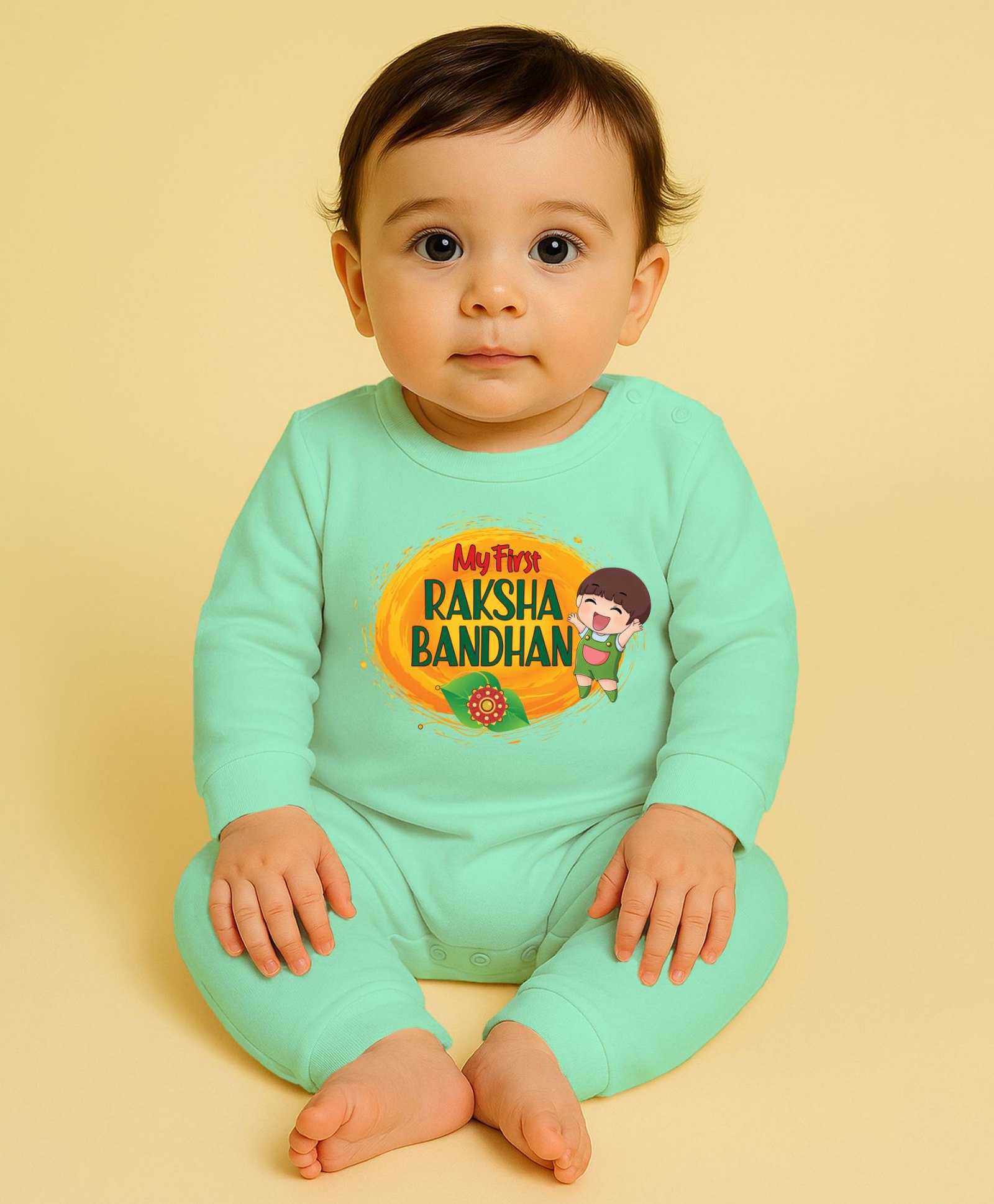 The Peppy Tend 100% Cotton Knit Rakshabandhan Theme Full Sleeves My First Rakshabandhan Text Printed Romper - Sea Green-image-33