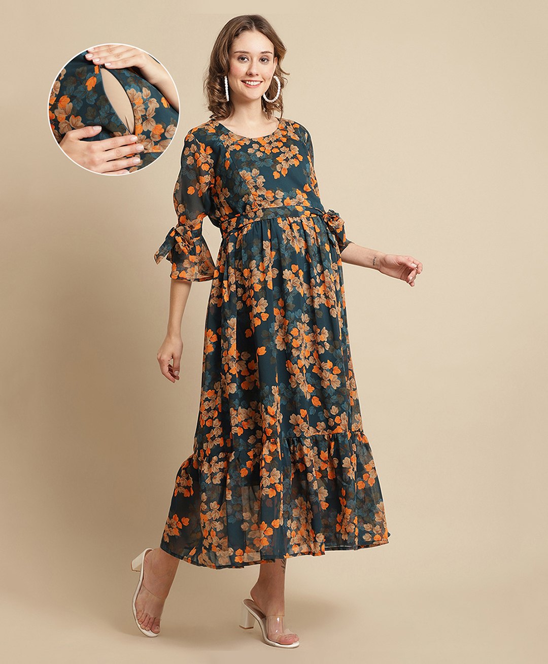 Moms Maternity Georgette Woven Three Fourth Bell Sleeves Leaves Printed Maternity Tiered Dress With Side Zipper Nursing Access - Teal Green-picture-30