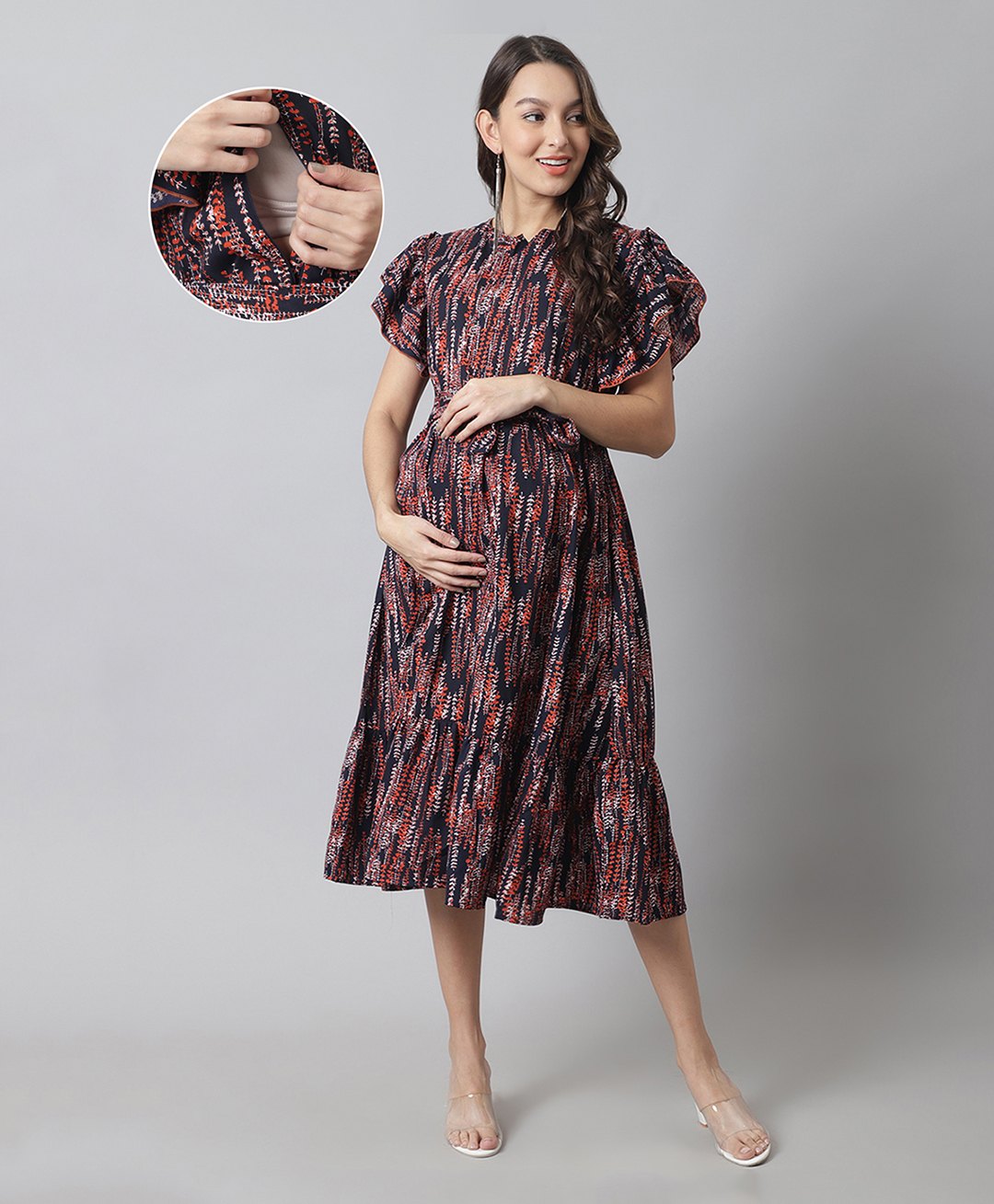 Moms Maternity Woven Flutter Sleevess Floral Printed Maternity Tiered Dress With Side Zipper Nursing Access - Navy Blue-image-23