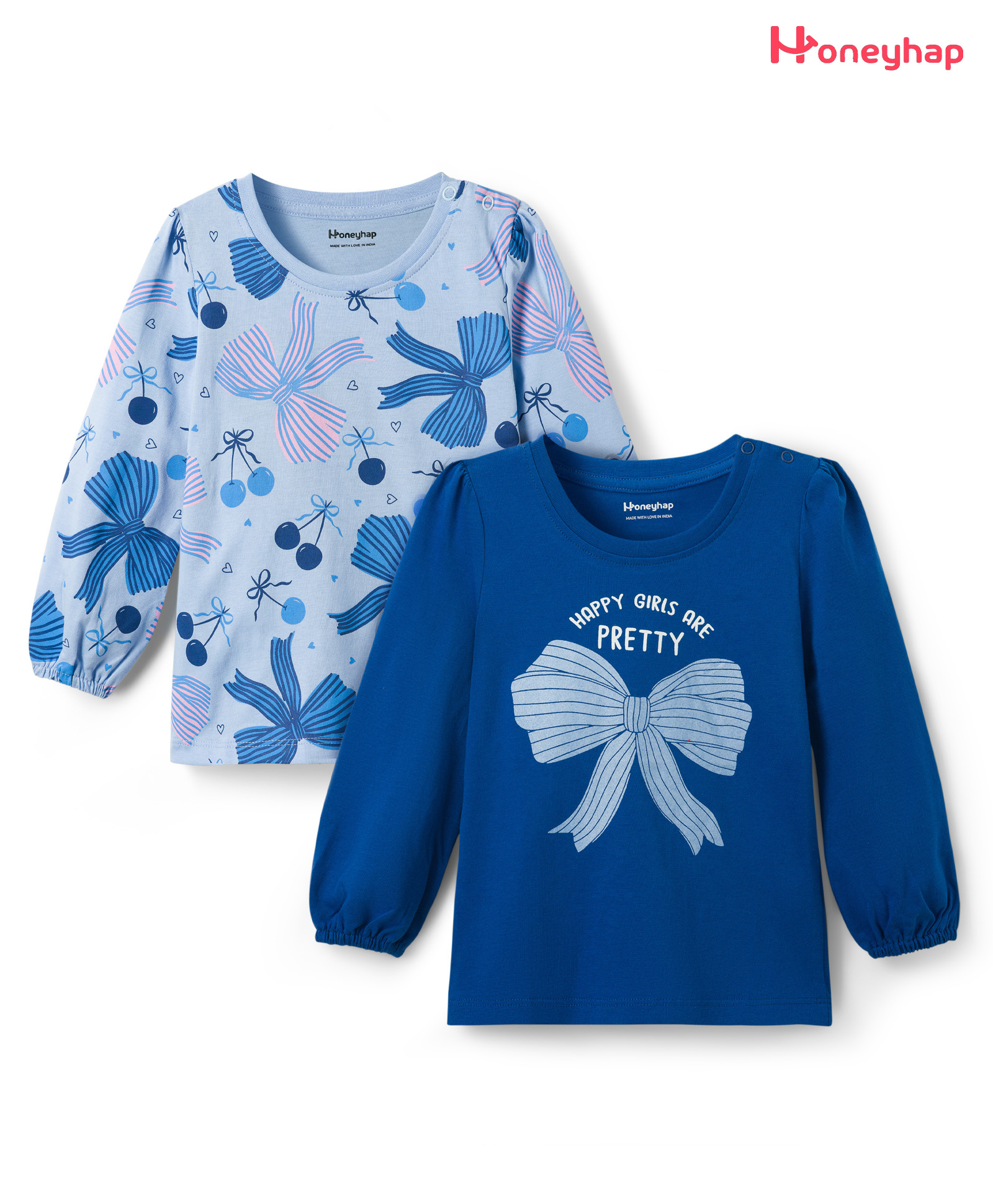 Honeyhap Premium 100% Cotton Knit With Bio Finish Tops with Bow Print Pack of 2 - Blue Quartz & Windsurfe-image-12