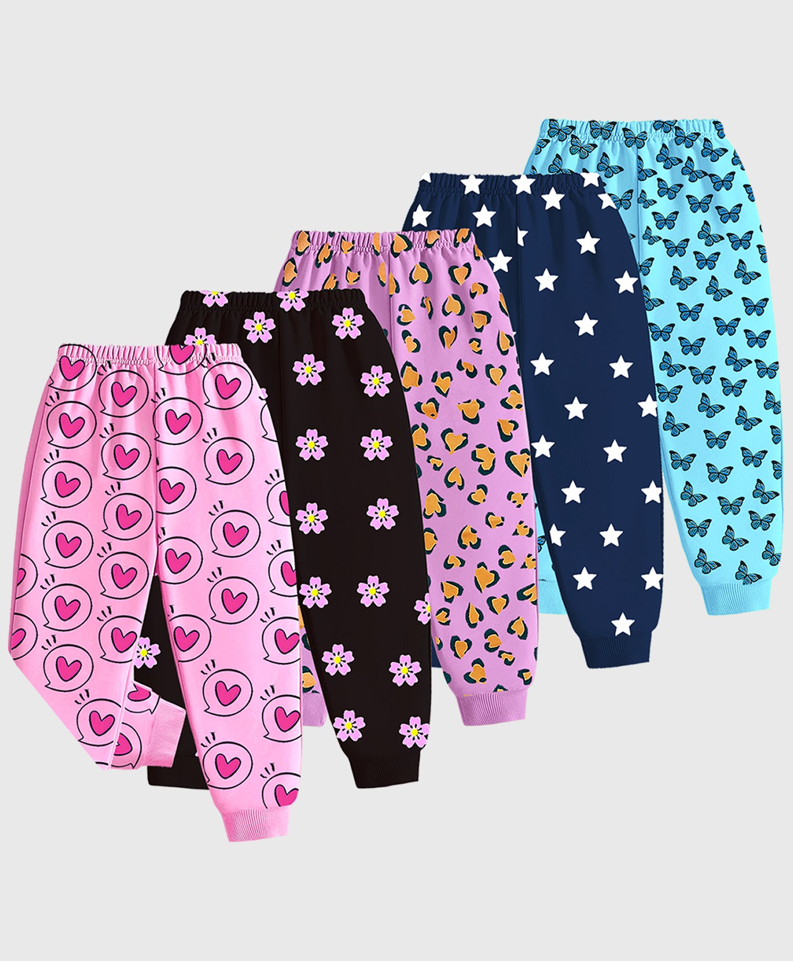KUCHIPOO Cotton Knit Pack Of 5 Floral & Hearts Printed Joggers - Pink Black Lilac Navy & Aqua Blue-picture-14