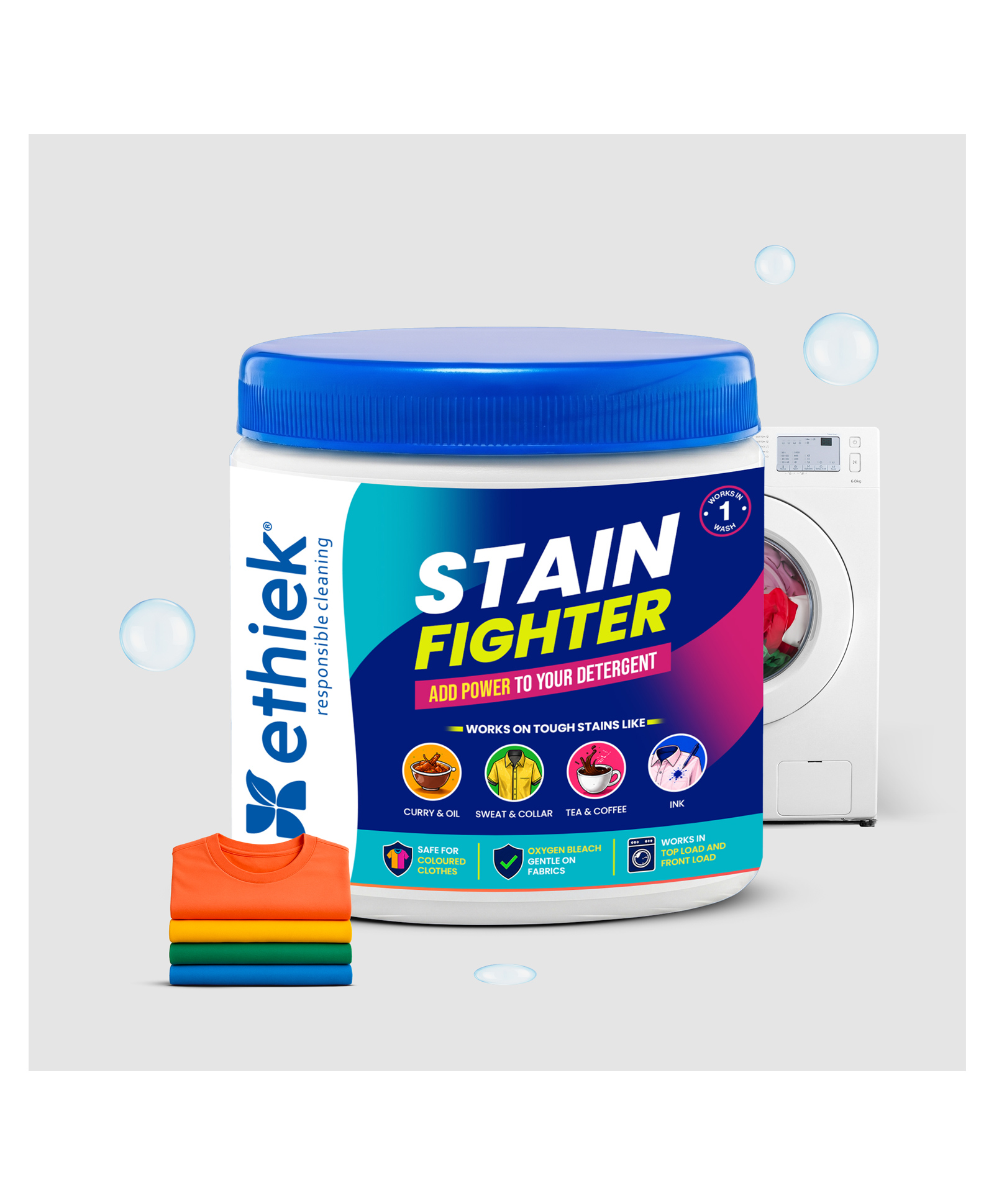 Ethiek All in One Powder Detergent Booster, 400 g | Add-On Powder | Powerful Stain Remover | Protects Colours | Zero Chlorine Bleach-image-46
