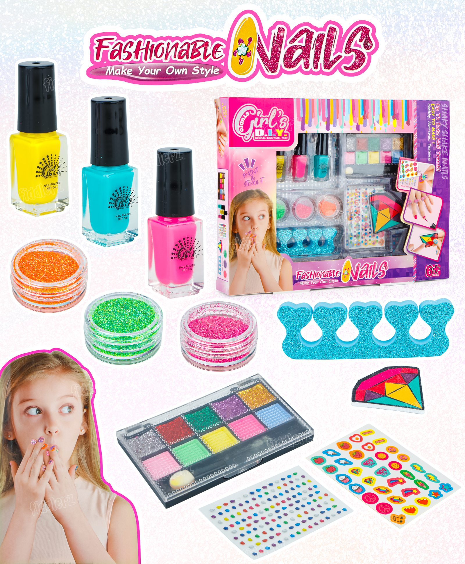 Fiddlerz Nail Art Kit for Girls with Glitter Powder Nail Paint Stickers rhinestones and Accessories Fashion Pretend Play Set for Kids Age 6+ (Multicolor)-picture-21