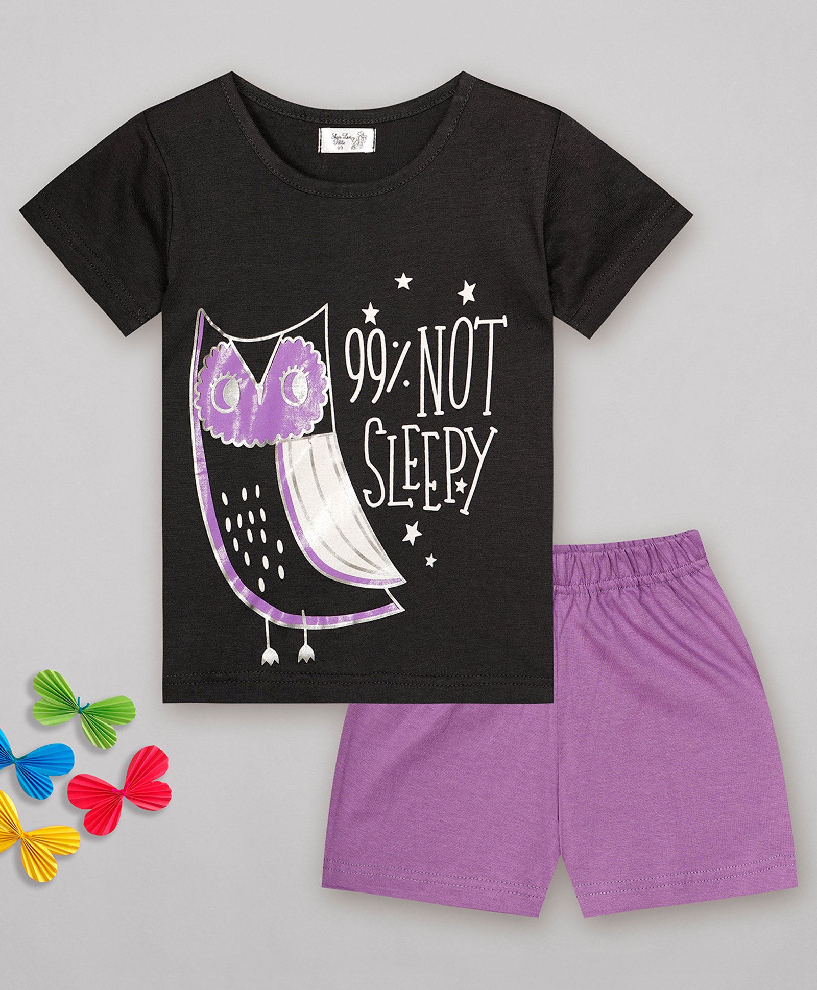 Sheer Love Cotton Jersey Knit Half Sleeves Owl Printed Night Suit Set - Black & Purple-picture-12