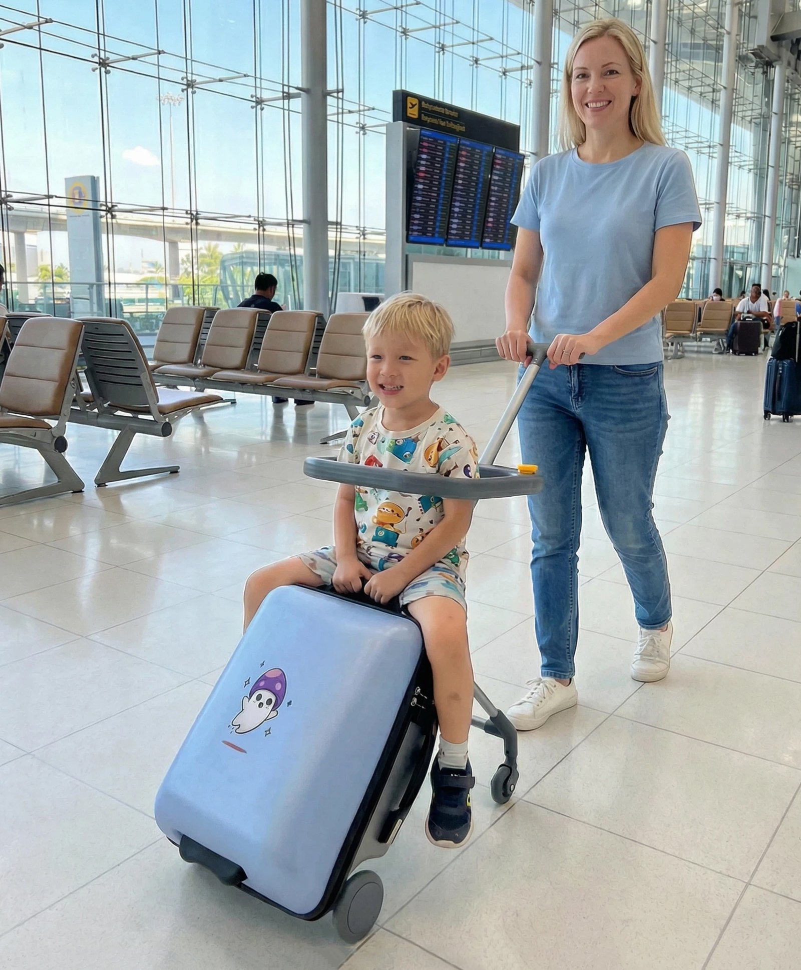 Kids 2-in-1 Ride-On Travel Suitcase 16Inch - Blue| Foldable Seat| Shock-Resistant Hard Shell| PU Wheels| Ergonomic Tilt Design with Support Leg| Spacious Interior| Secure Number Lock-image-41