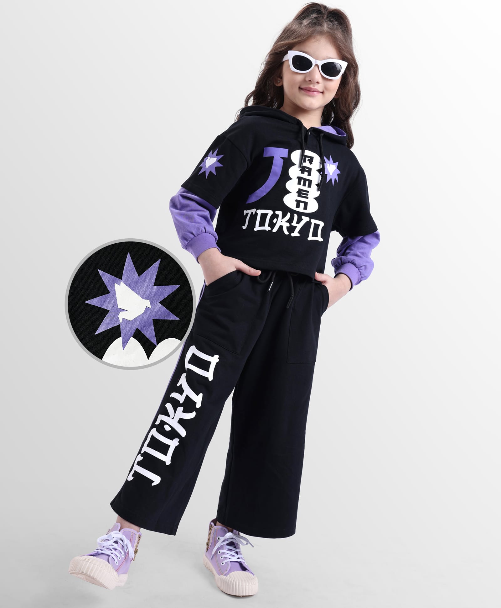 OLLINGTON ST. Cotton Looper Knit Full Sleeves Hoodie Top & Knit Joggers with Text Print - Purple & Black-image-26