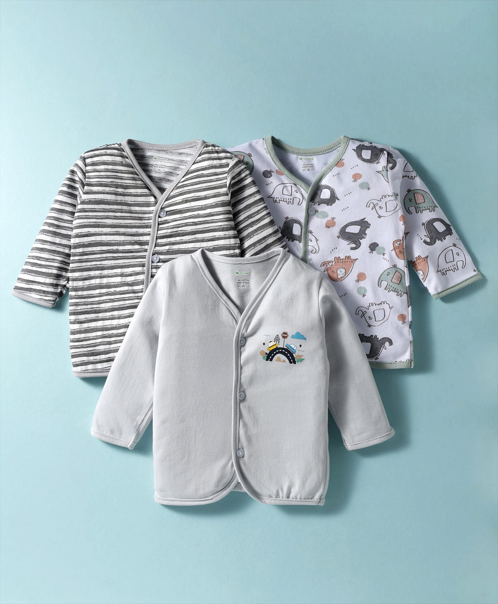 OHMS Single Jersey Knit Full Sleeves Front Open Jhablas With Stripes & Animal Print Pack of 3- Grey Black & White-picture-34