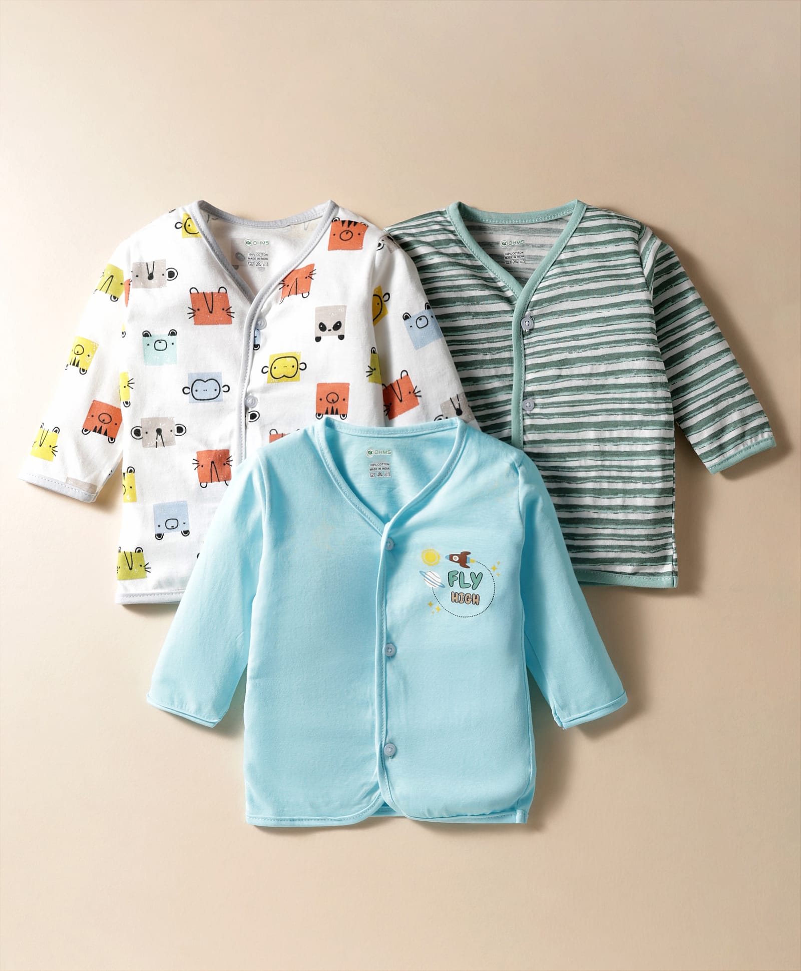 OHMS Single Jersey Knit Full Sleeves Front Open Jhablas with Stripe & Animal Print Pack of 3 - White Light Blue & Light Grey-picture-33