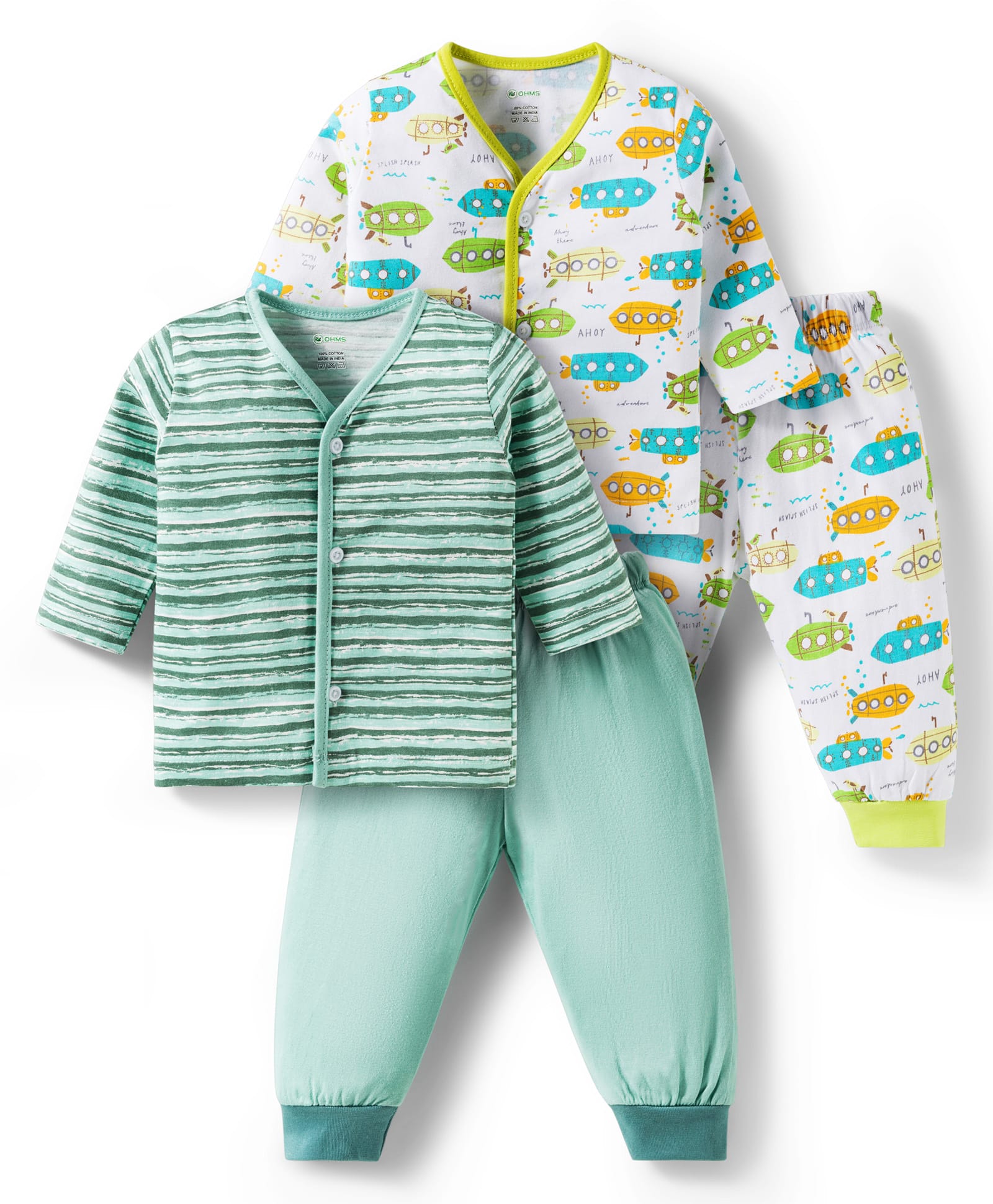 OHMS Single Jersey Knit Full Sleeves Co-ord Night Suit with Stripes & Submarine Print Pack of 2 - White & Light Blue-image-29