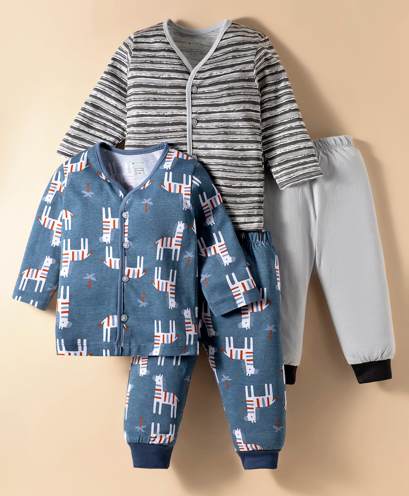 OHMS Single Jersey Knit Full Sleeves Co-Ord Nightsuit With Stripes & Animal Print Pack of 2 - Blue & Grey-picture-37