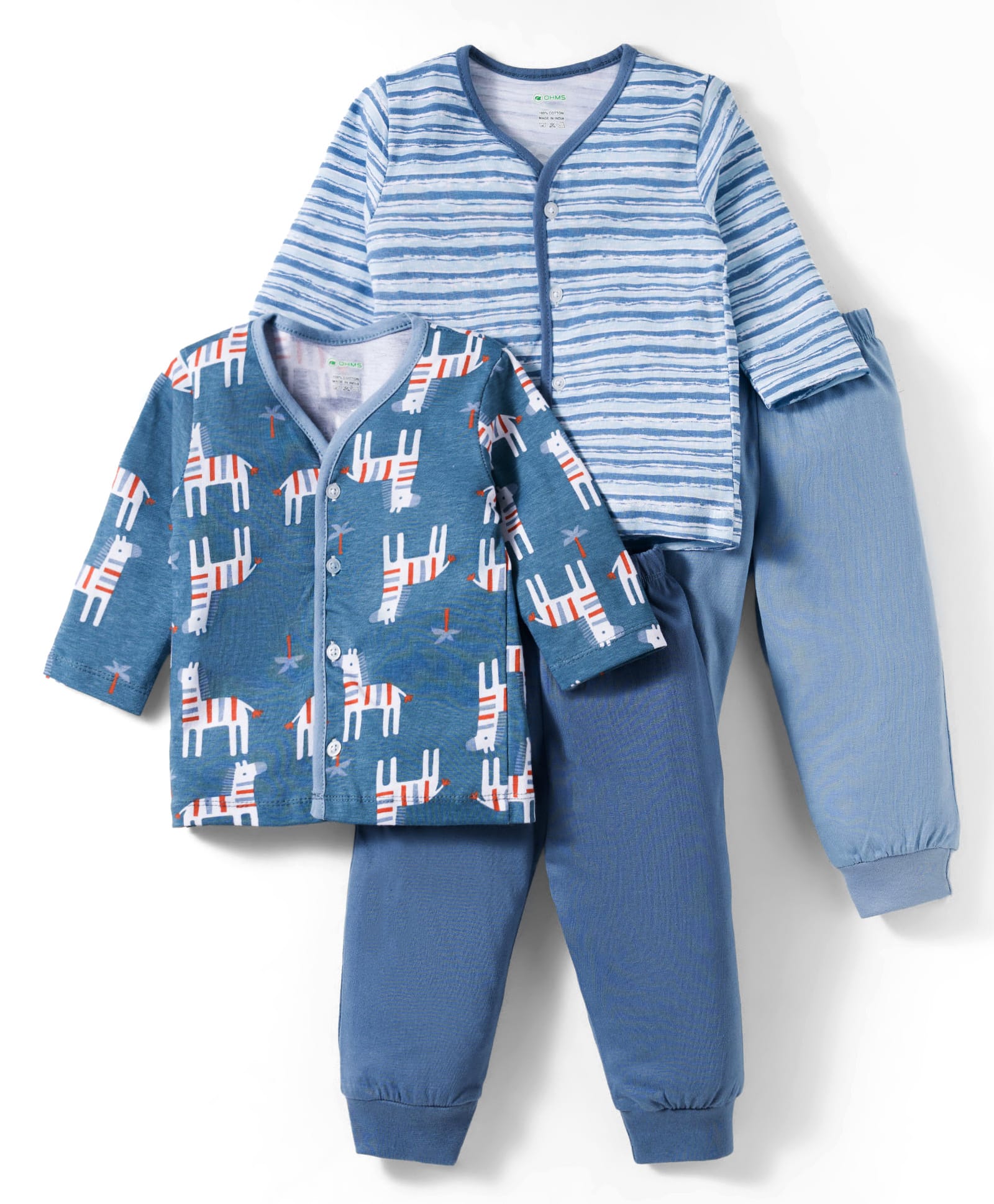 OHMS Single Jersey Knit Full Sleeves Nightsuit With Stripes & Animal Print Pack of 2 - Navy Blue & Blue-picture-25