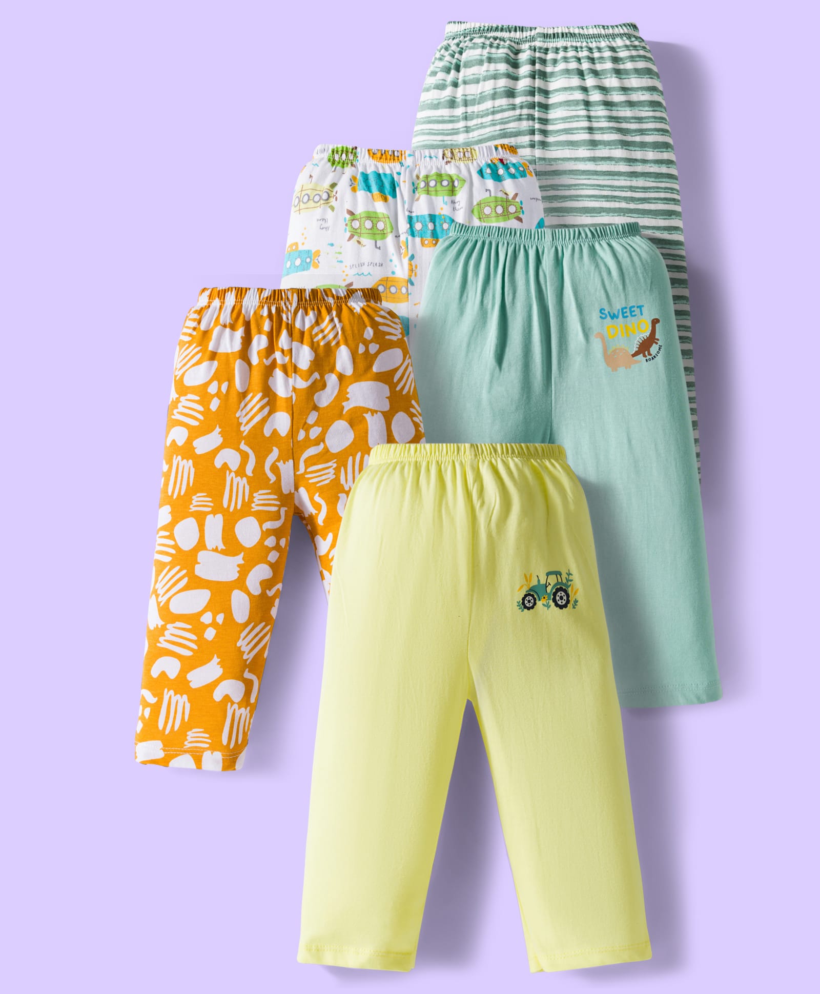 OHMS Single Jersey Knit Full Length Lounge Pant With Vehicle Print & Stripes Pack Of 5 - Multicolour-picture-16