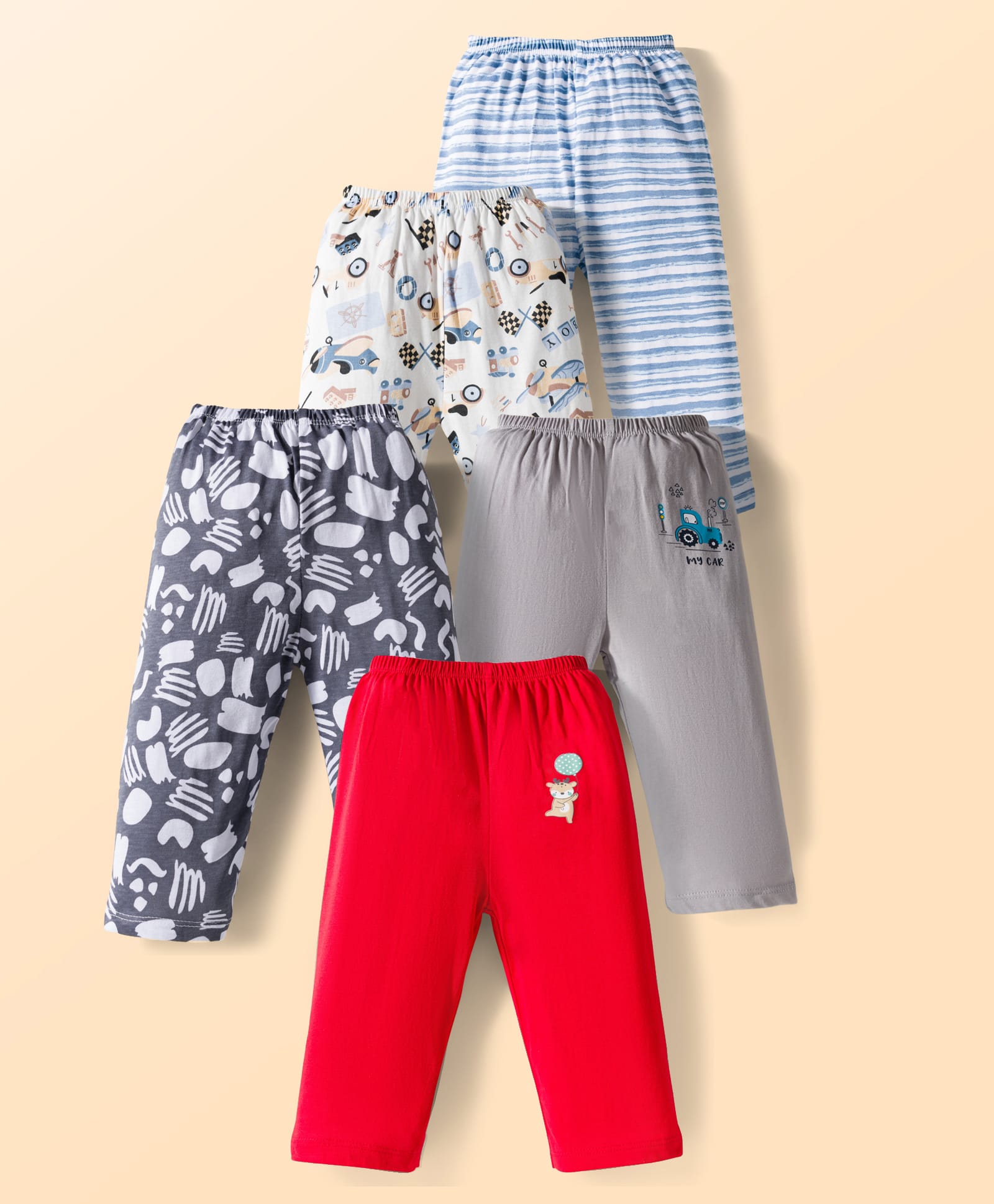 OHMS Single Jersey Knit Full Length Lounge Pant With Vehicle Print & Stripes Pack Of 5 - Multicolour-picture-20