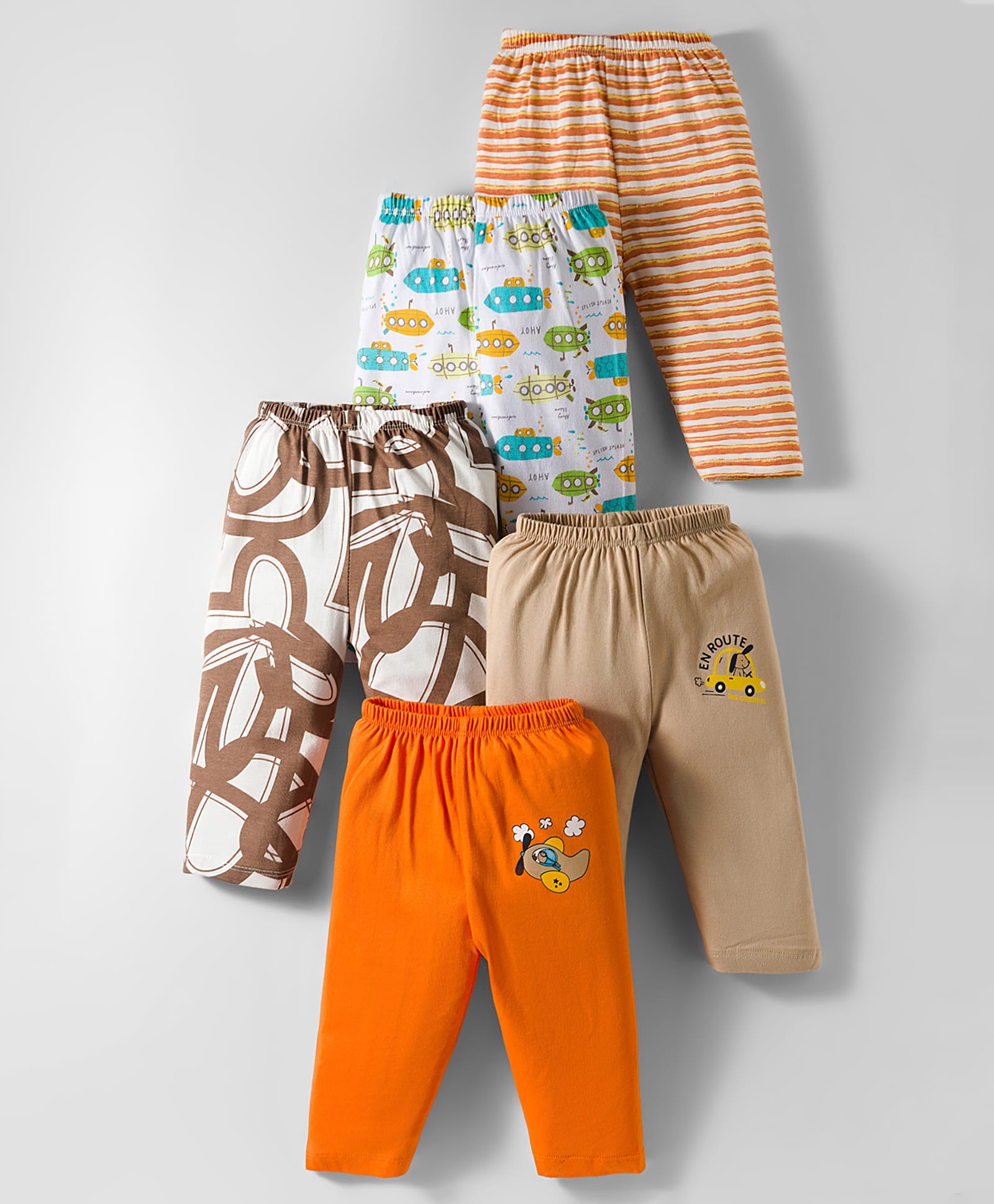 OHMS Single Jersey Knit Full Length Lounge Pant with Stripes & Vehicle Print Pack of 5 - Orange Brown & White-picture-16
