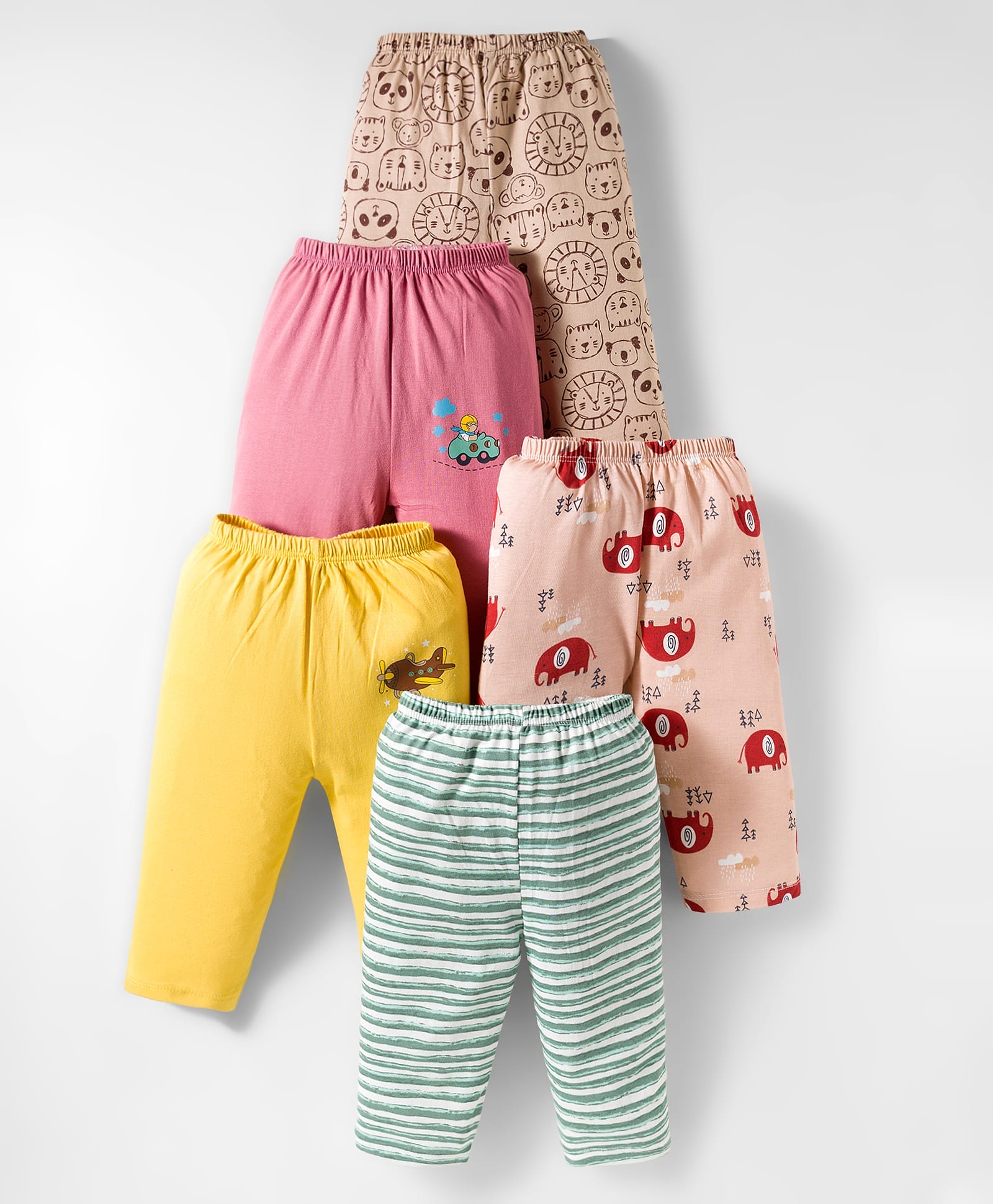 OHMS Single Jersey Knit Full Length Lounge Pants with Stripes & Animal Print Pack of 5 - Multicolor-picture-27