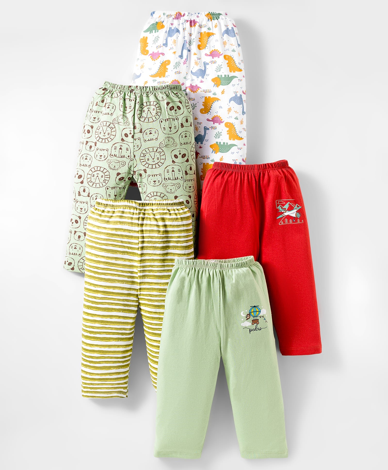 OHMS Single Jersey Knit Full Length Lounge Pants with Stripes & Animal Print Pack of 5 - Multicolor