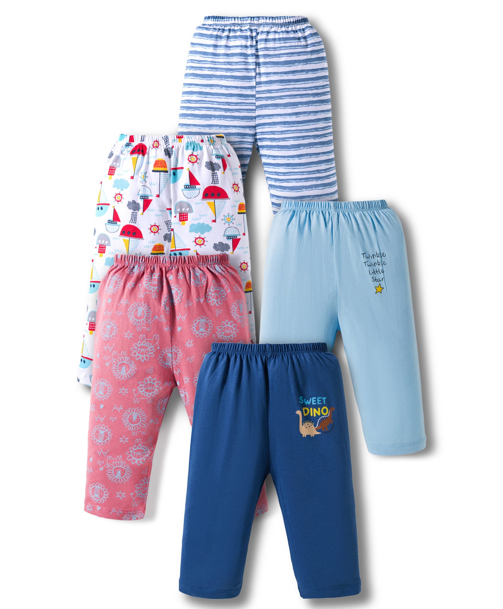 OHMS Single Jersey Knit Full Length Lounge Pants With Stripes & Nautical Prints Pack of 5 - Navy Blue Pink & White-image-32