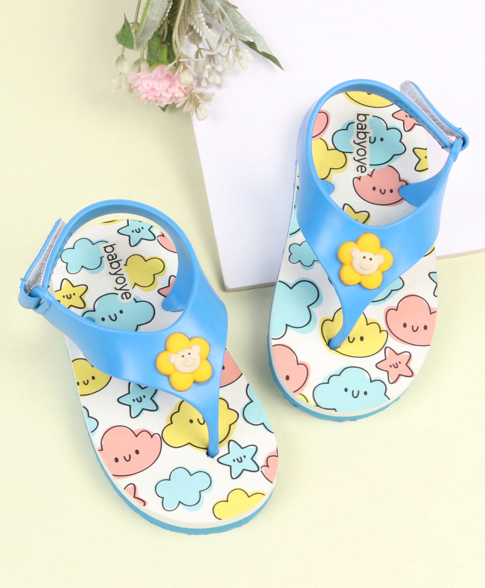 Babyoye Velcro Closure Star Clouds Printed & Floral Applique Flip Flop - Light Blue