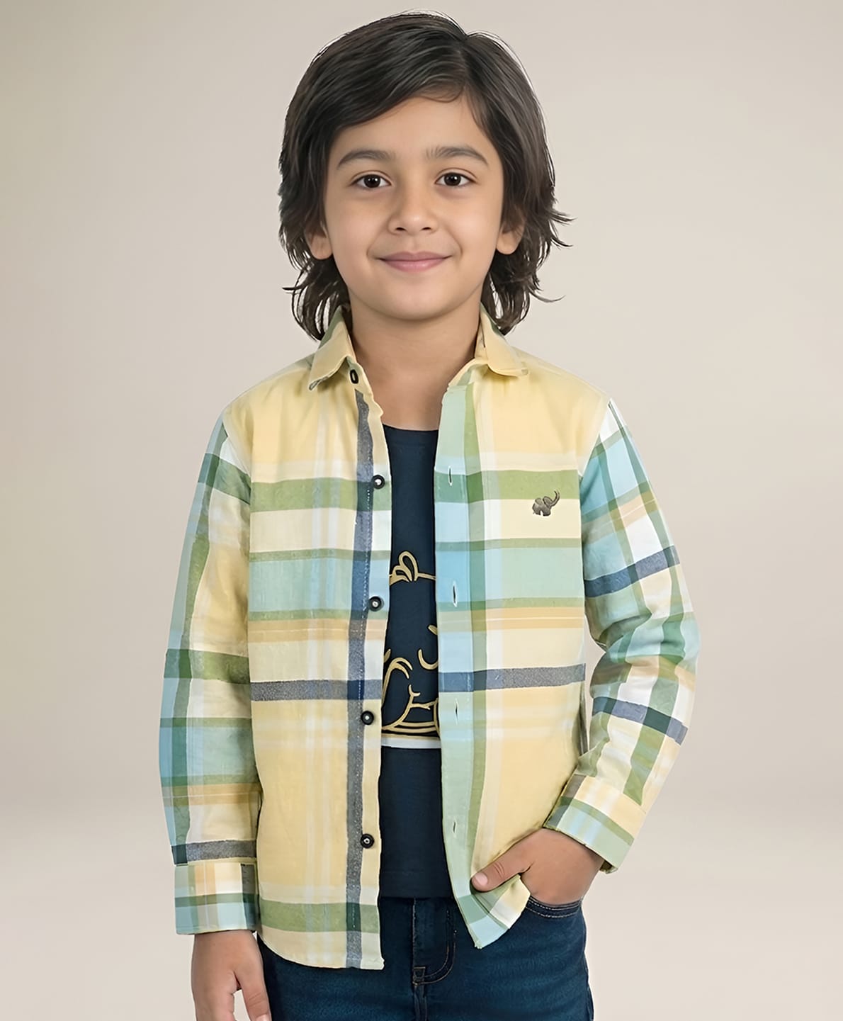 Polka Tots Cotton Woven Full Sleeves Checked Shirt With Attached Tee - Yellow-image-22