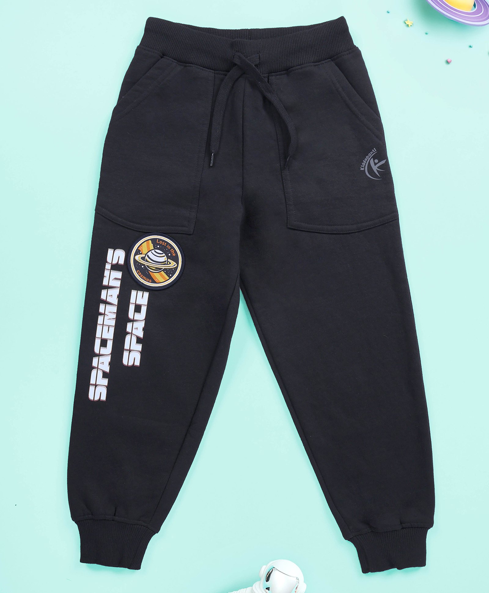 Kiddopanti Knit Spacemans Space Text Printed Cargo Joggers - Black-picture-26