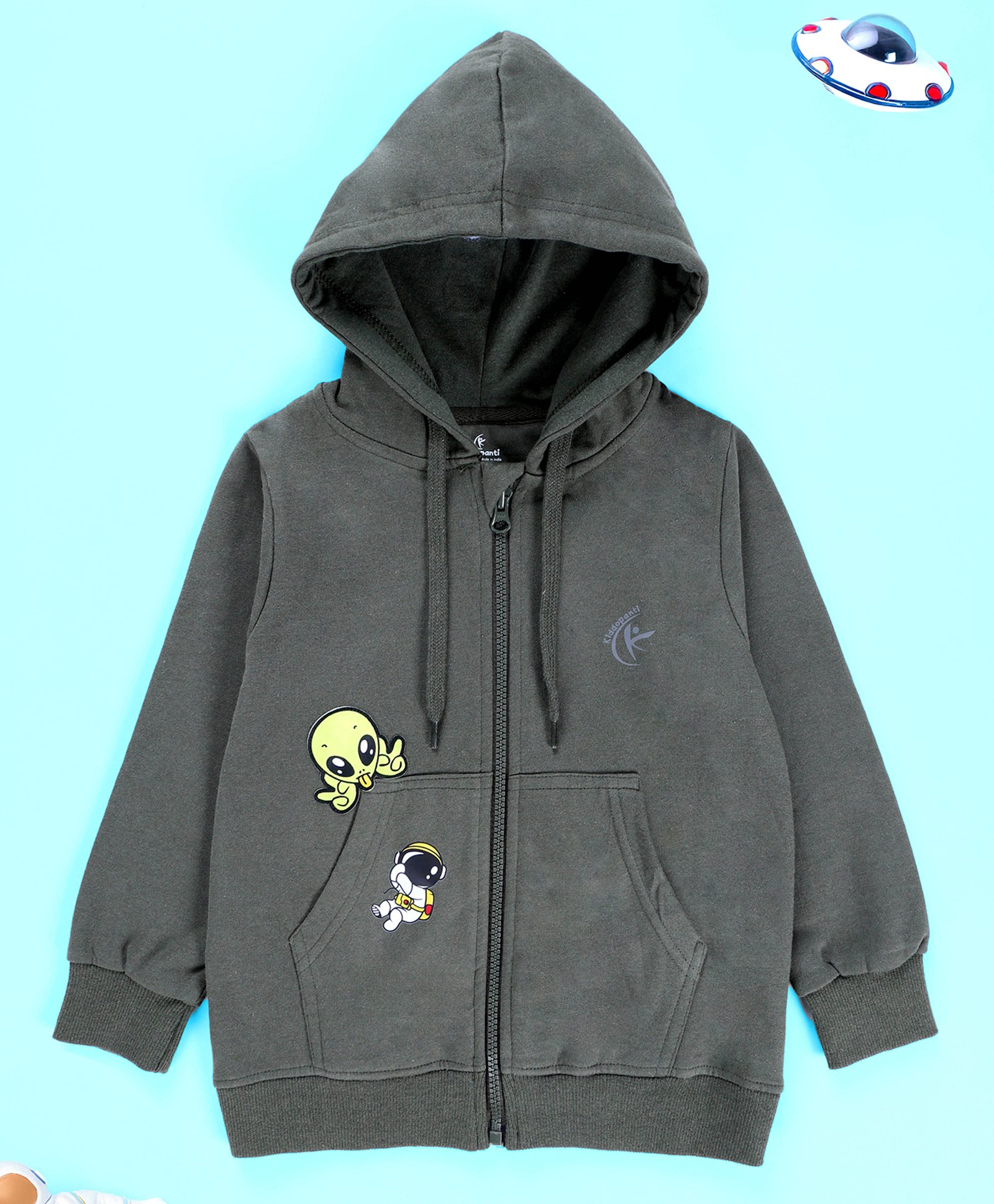 Kiddopanti Knit Full Sleeves Astronaut Printed Hooded Sweatjacket - Military Green-image-20