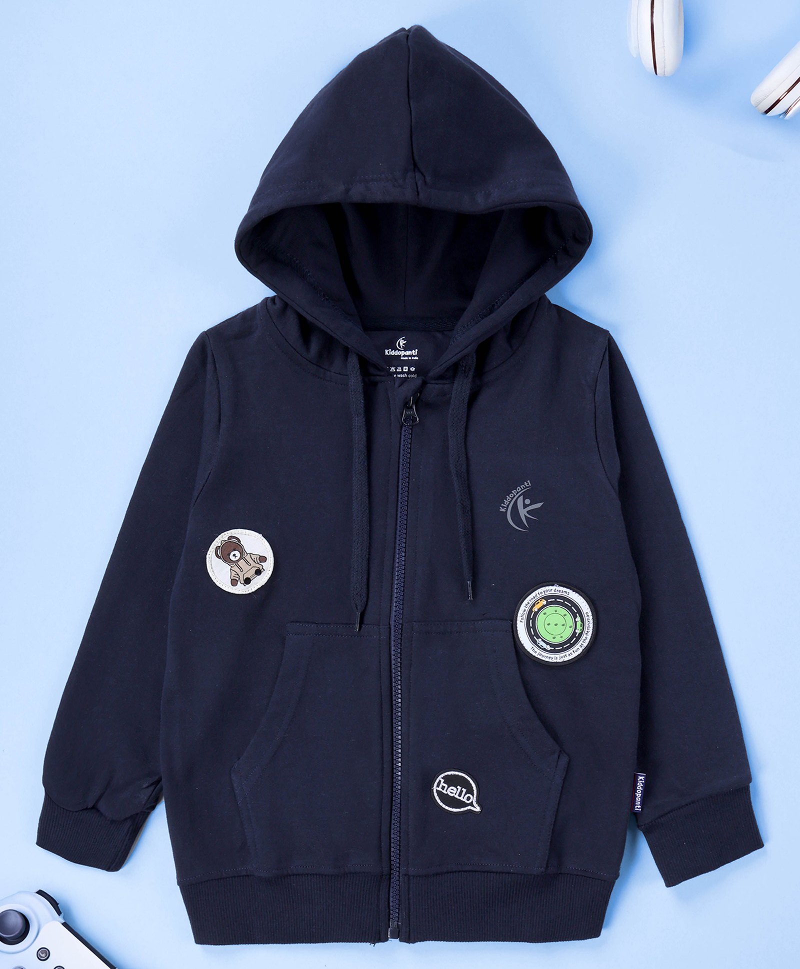 Kiddopanti Knit Full Sleeves Teddy & Hello Text Patch Embroidered Hooded Sweatjacket - Navy Blue-picture-24
