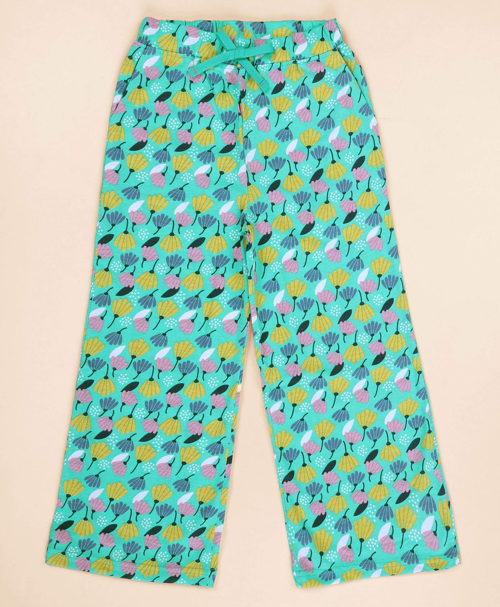 Kiddopanti Cotton Knit Floral Printed Pajama - Aqua Green-image-40