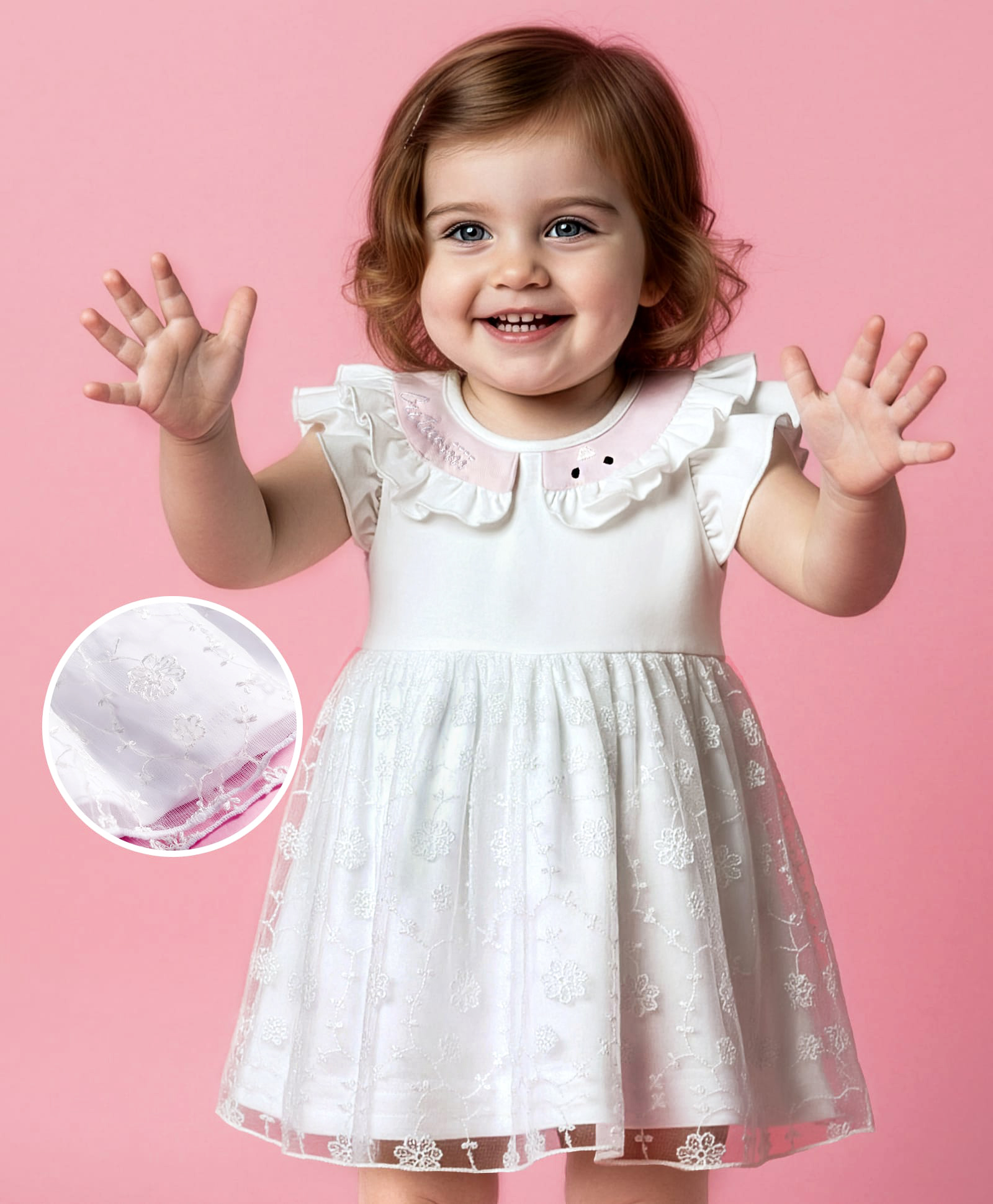 Babyoye 100% Cotton Interlock Woven Half Sleeves Party Dress with Frill & Lace Detailing & Floral Embroidery - White