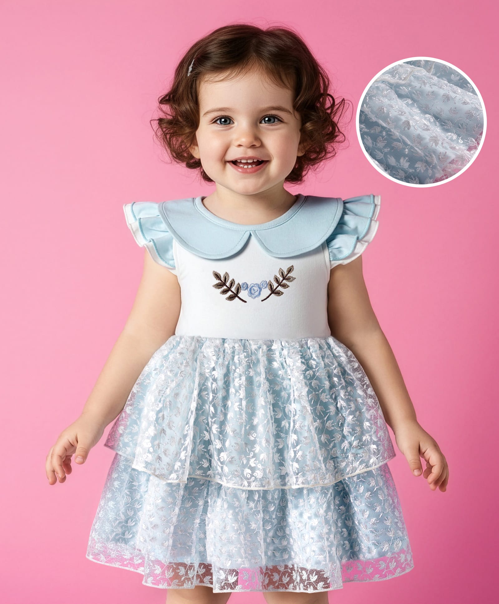 Babyoye 100% Cotton Interlock Woven Frill Sleeves Party Dress with Floral Embroidery - Light Blue