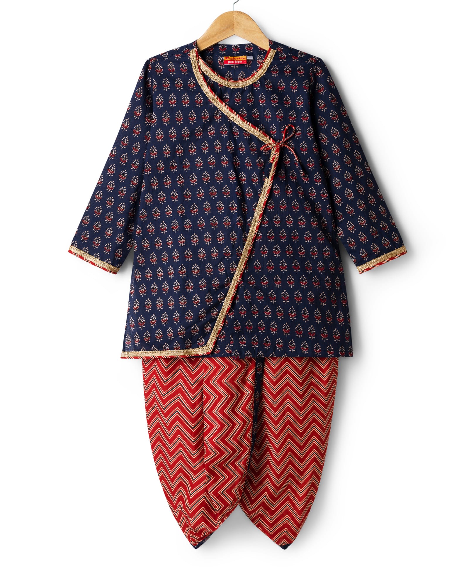 Exclusive from Jaipur Cotton Woven Full Sleeves Kurta Dhoti Set With Floral Print - Navy Blue-image-25