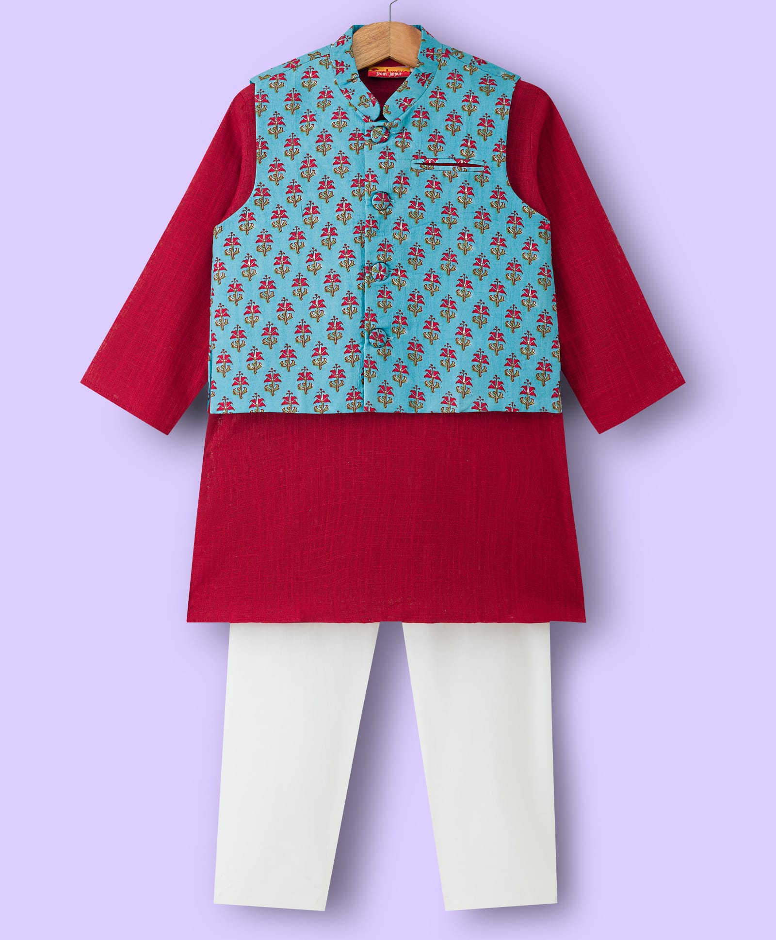 Exclusive from Jaipur Cotton Woven Full Sleeves Kurta Pajama Set with Floral Printed Jacket - Light Blue & Red-image-17