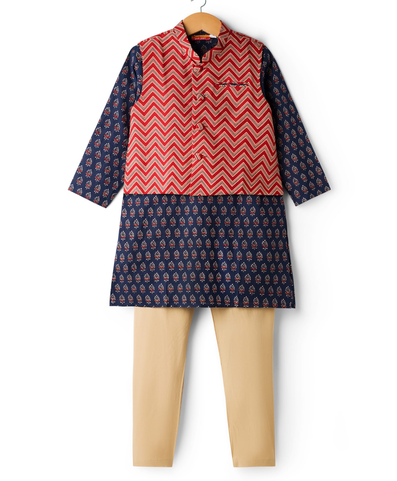 Exclusive from Jaipur Cotton Woven Full Sleeves Kurta Pajama & Jacket Set With Floral Print - Navy Blue & Red-image-9