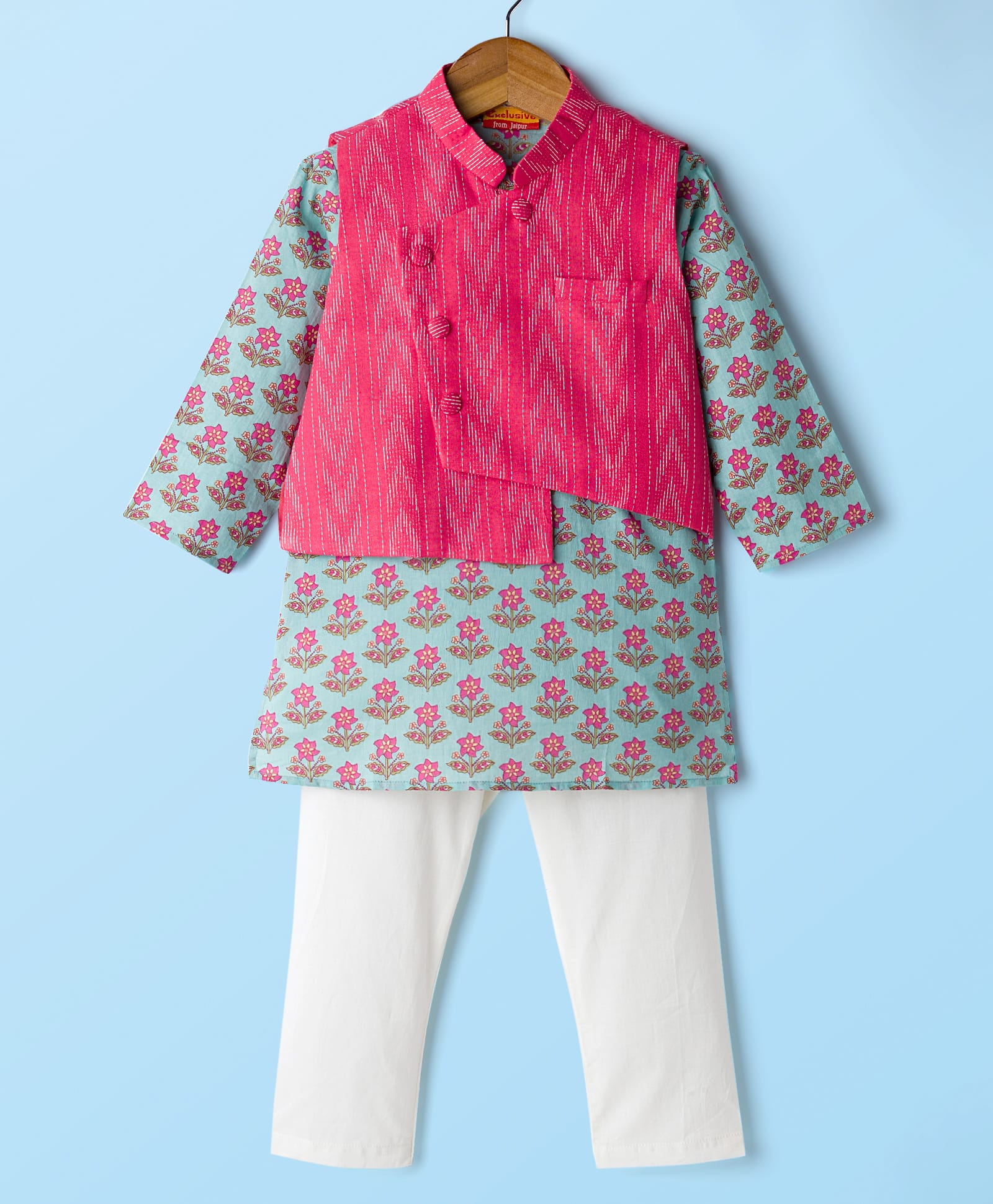 Exclusive from Jaipur Cotton Woven Full Sleeves Floral Printed Kurta Pajama Set with Jacket - Dark Pink & Aqua Blue-image-47