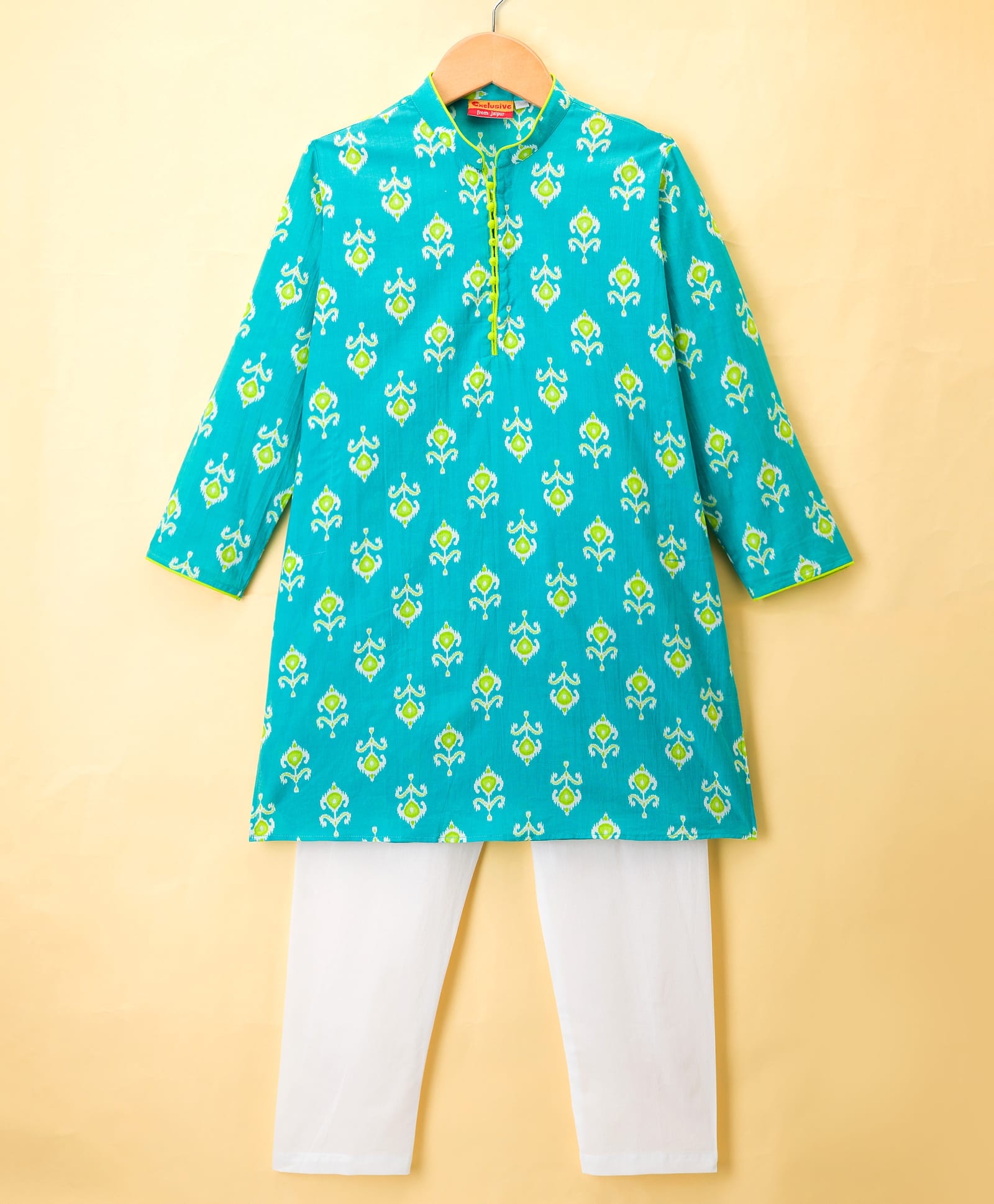 Exclusive from Jaipur Cotton Woven Full Sleeves Kurta Pajama Set With Floral Print - White & Firoji-image-28
