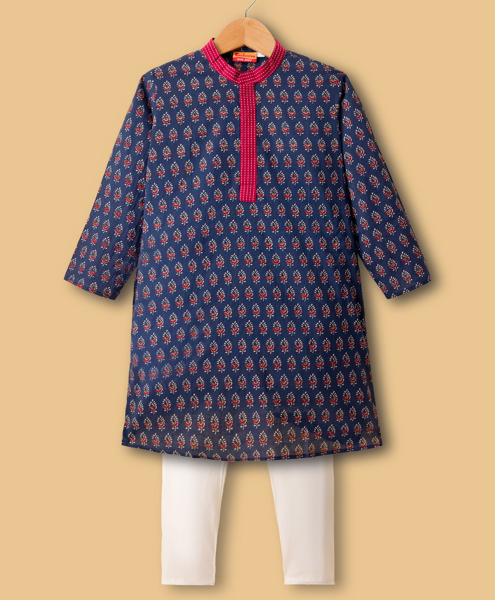 Exclusive from Jaipur Cotton Woven Full Sleeves Kurta Pyjama Set With Floral Print - Navy Blue-image-28