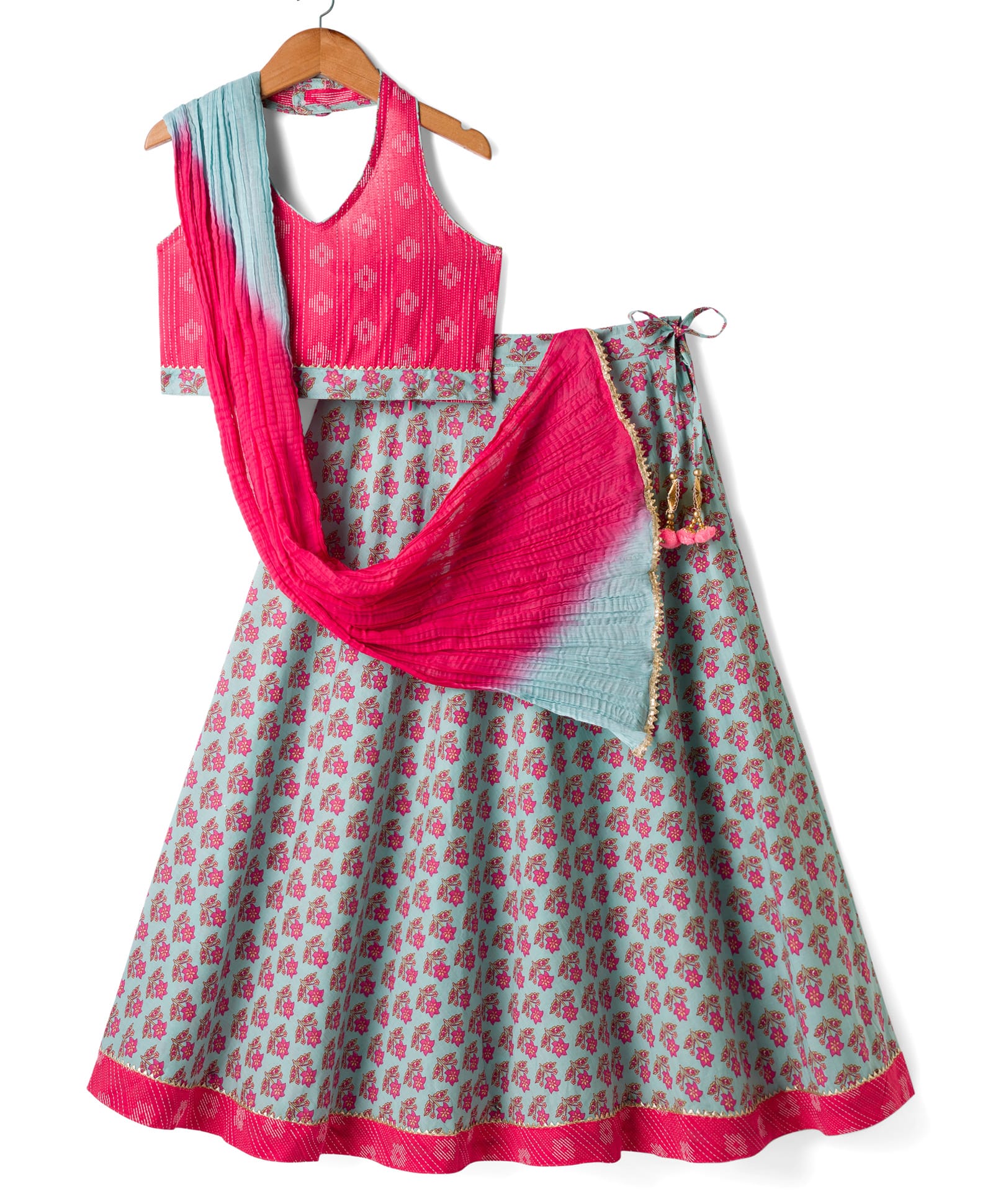 Exclusive from Jaipur Cotton Woven Halter Neck Sleeveless Choli Lehenga & Dupatta Set With Floral Print - Pink-image-9