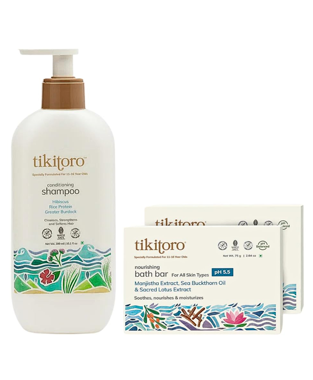 Tikitoro Teens Shampoo with Bath Bar Combo Pack of 2 (300ml x 1 and 75g x 2)-picture-1