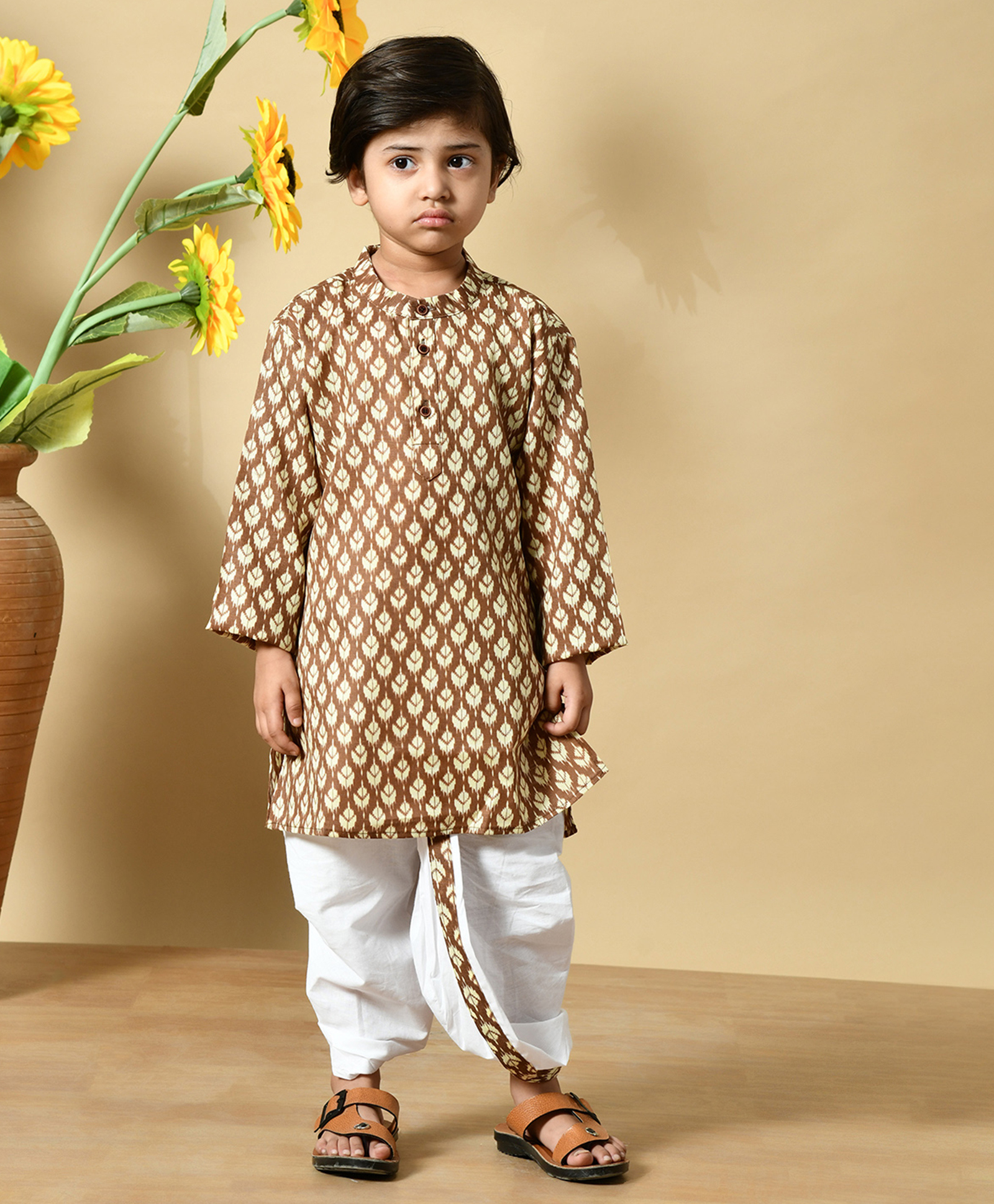 MoMaa Cotton Woven Full Sleeves Abstract Motif Printed Kurta Dhoti Set - Brown-picture-31