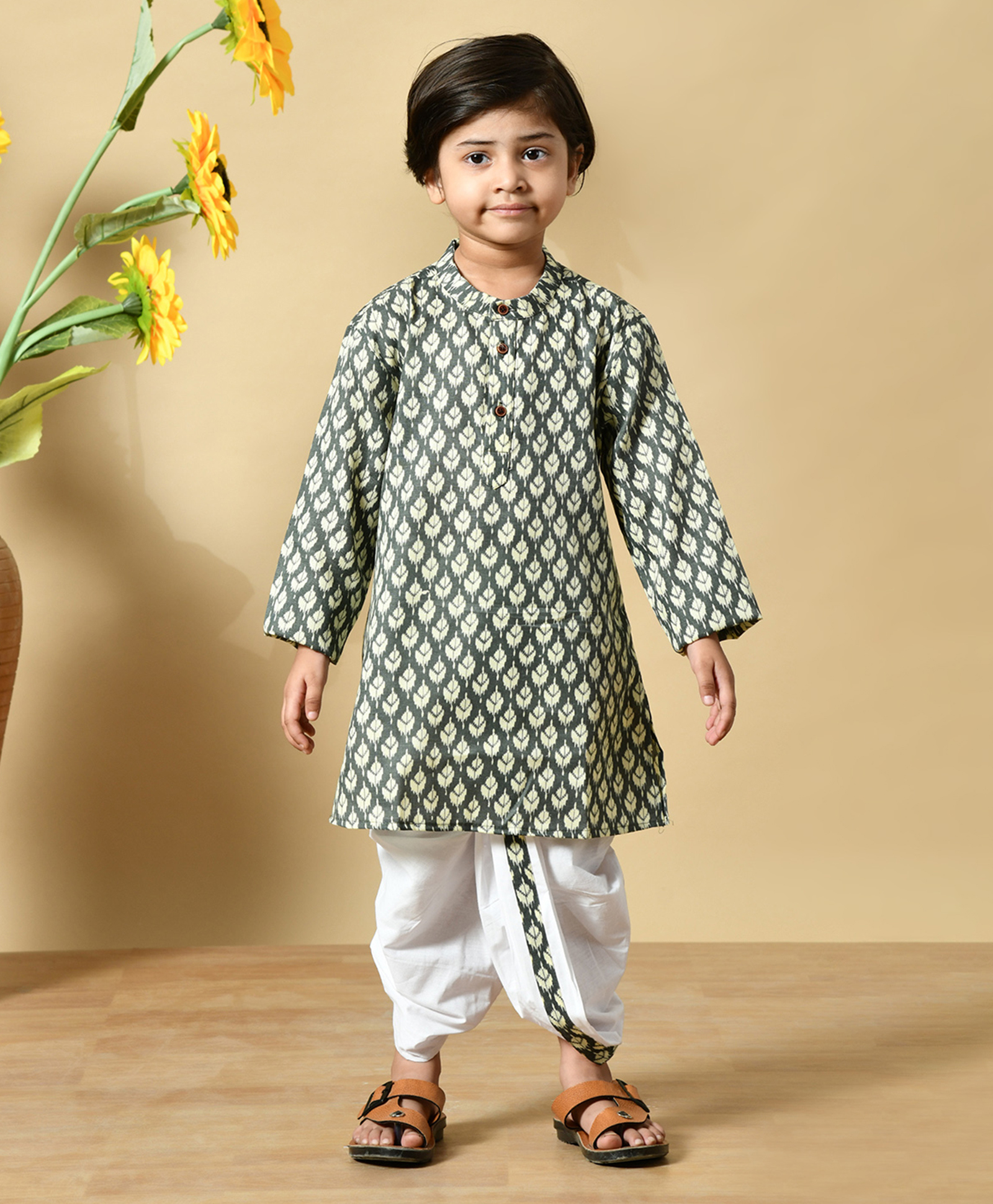 MoMaa Cotton Woven Full Sleeves Abstract Motif Printed Kurta Dhoti Set - Light Grey-image-39