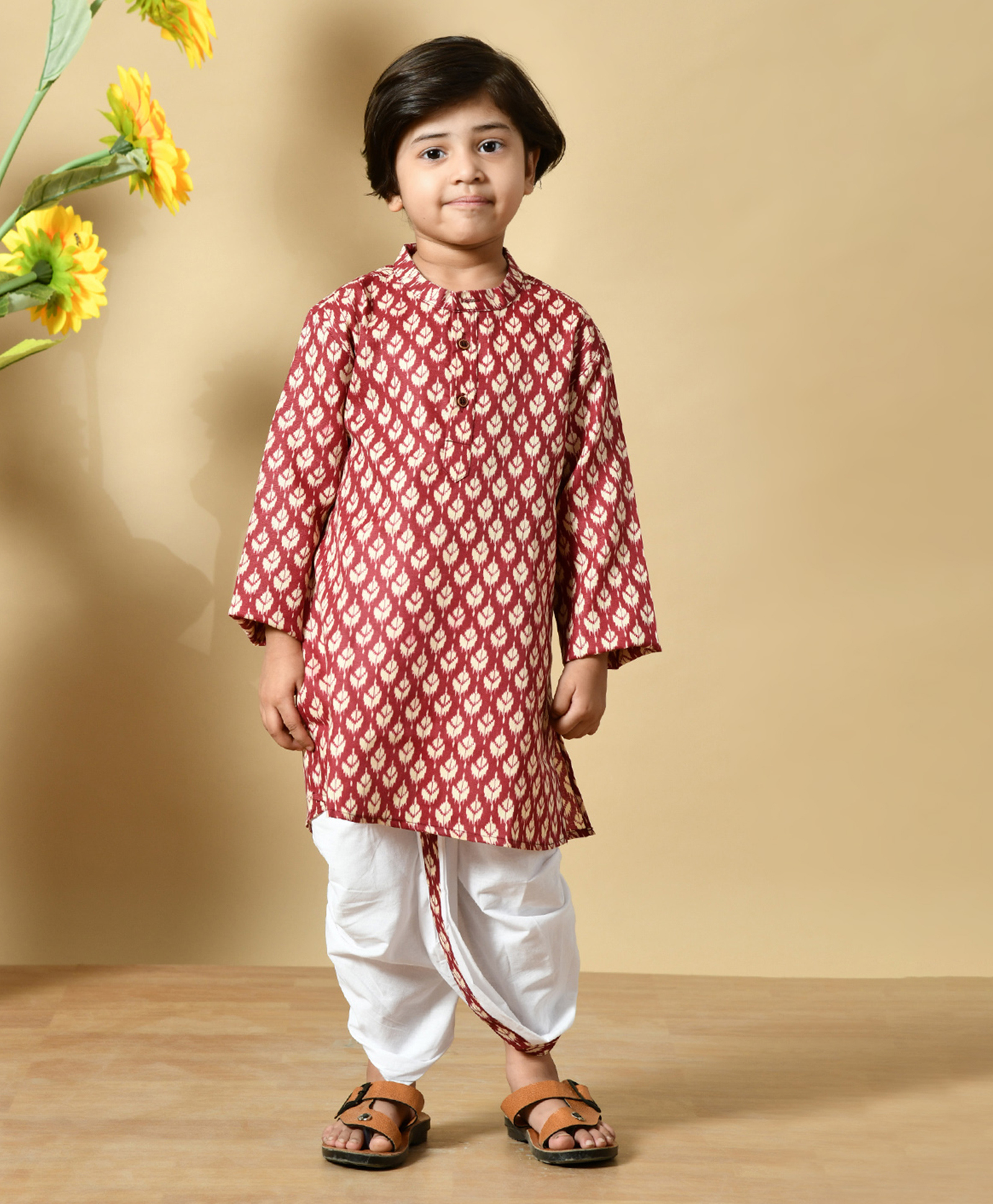 MoMaa Cotton Woven Full Sleeves Abstract Motif Printed Kurta Dhoti Set - Maroon-image-28
