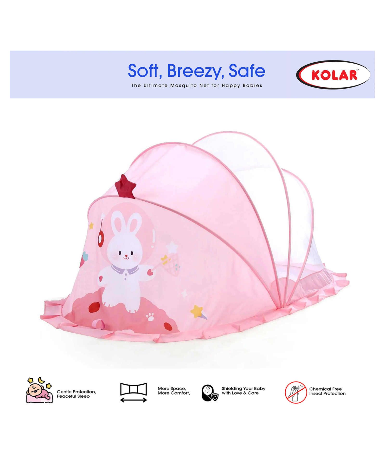 Kolar Large Mosquito Net for Baby Bunny Print Bottomless Net for Infants (0-24 Months) Safe & Easy Sleep Solution 135cm x 65cm x 65cm Pink