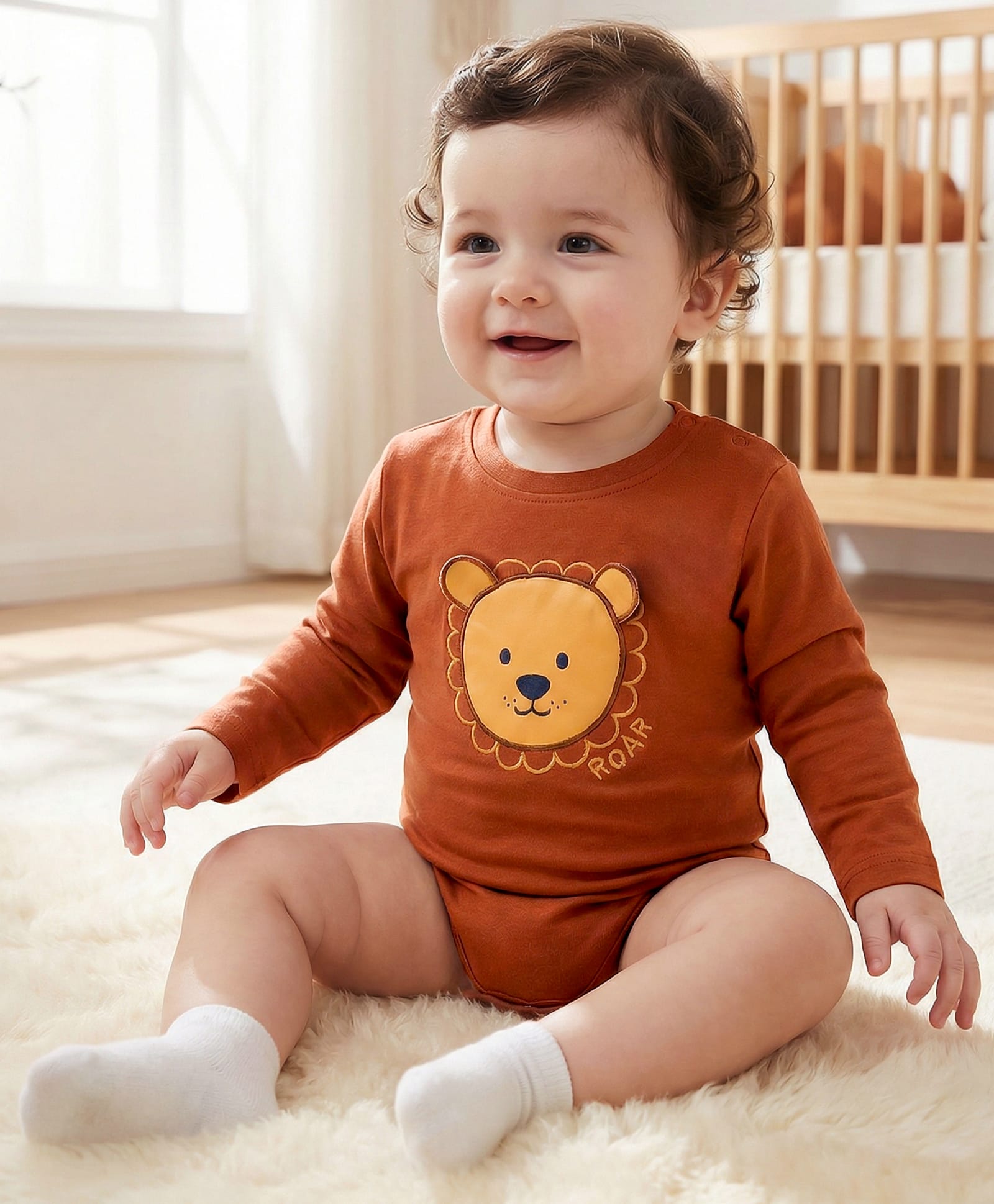 Babyoye 100% Cotton Knit With Eco Jiva Finish Full Sleeves Onesie With Teddy Bear Applique - Brown-picture-44
